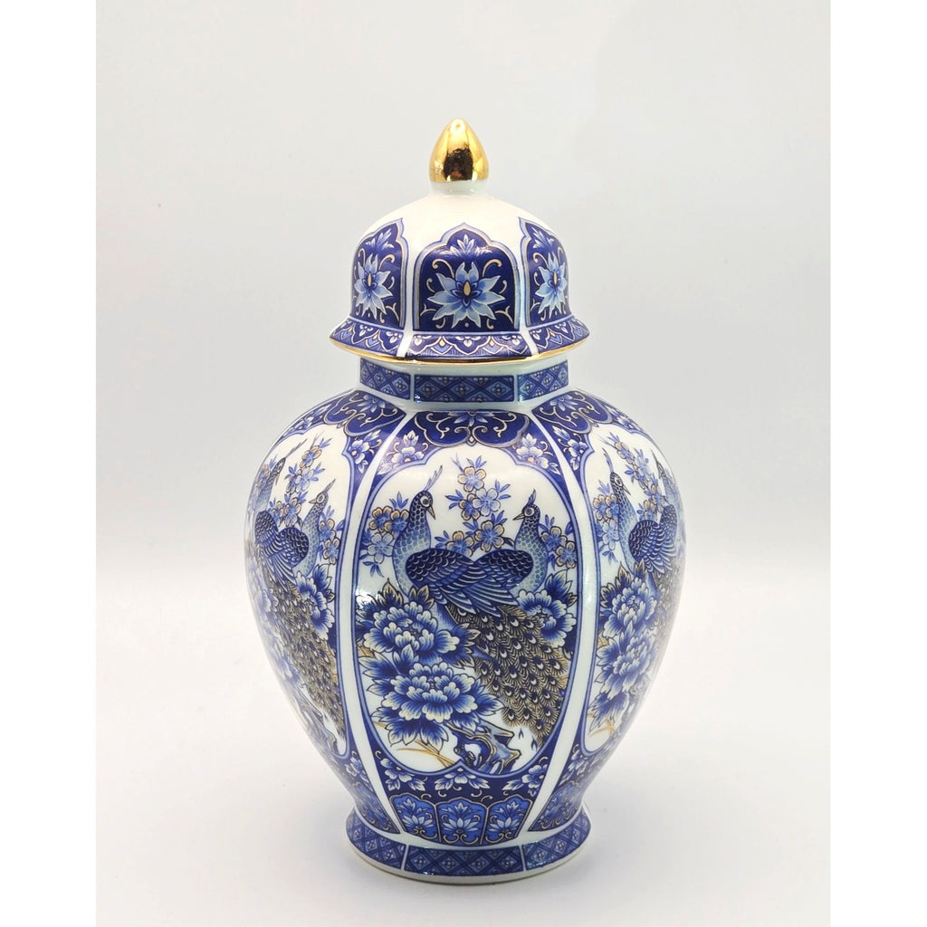 Royal Peacock Blue & White Porcelain Ginger Jar With Gold Accents, Excellent Cond.