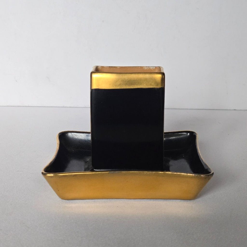 Vintage Rare 1950s Czech Art Deco Astray Black and Gold porcelain with matchbox holder 4" x 3"