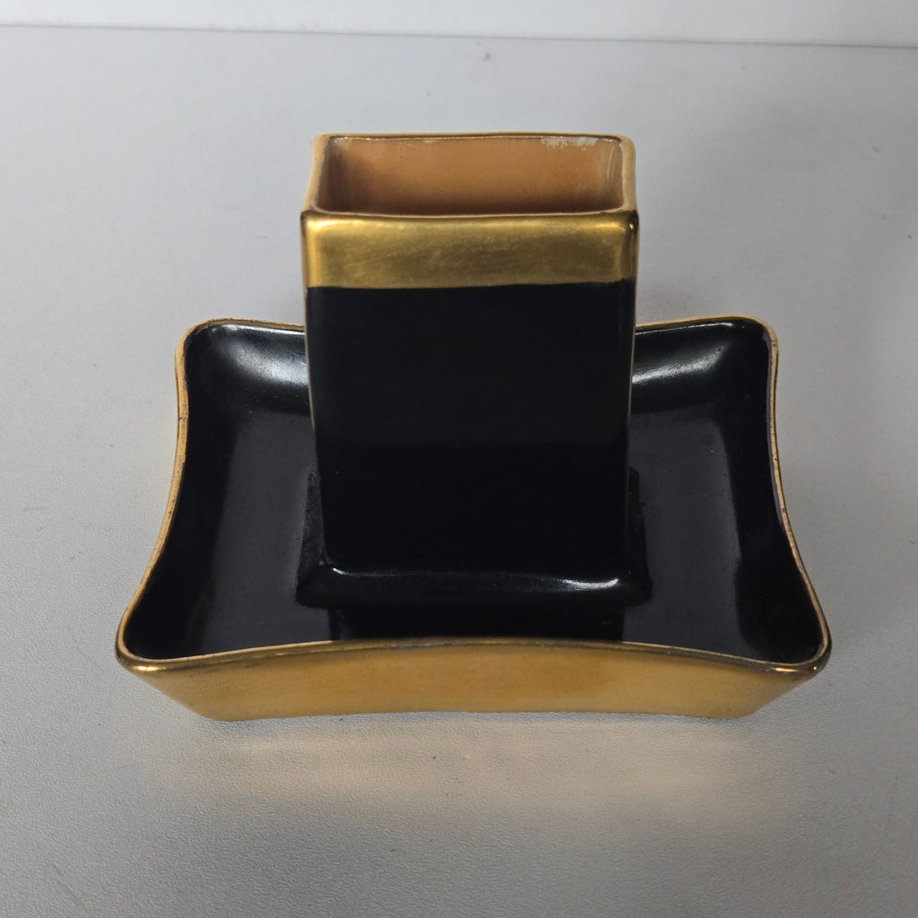 Vintage Rare 1950s Czech Art Deco Astray Black and Gold porcelain with matchbox holder 4" x 3"