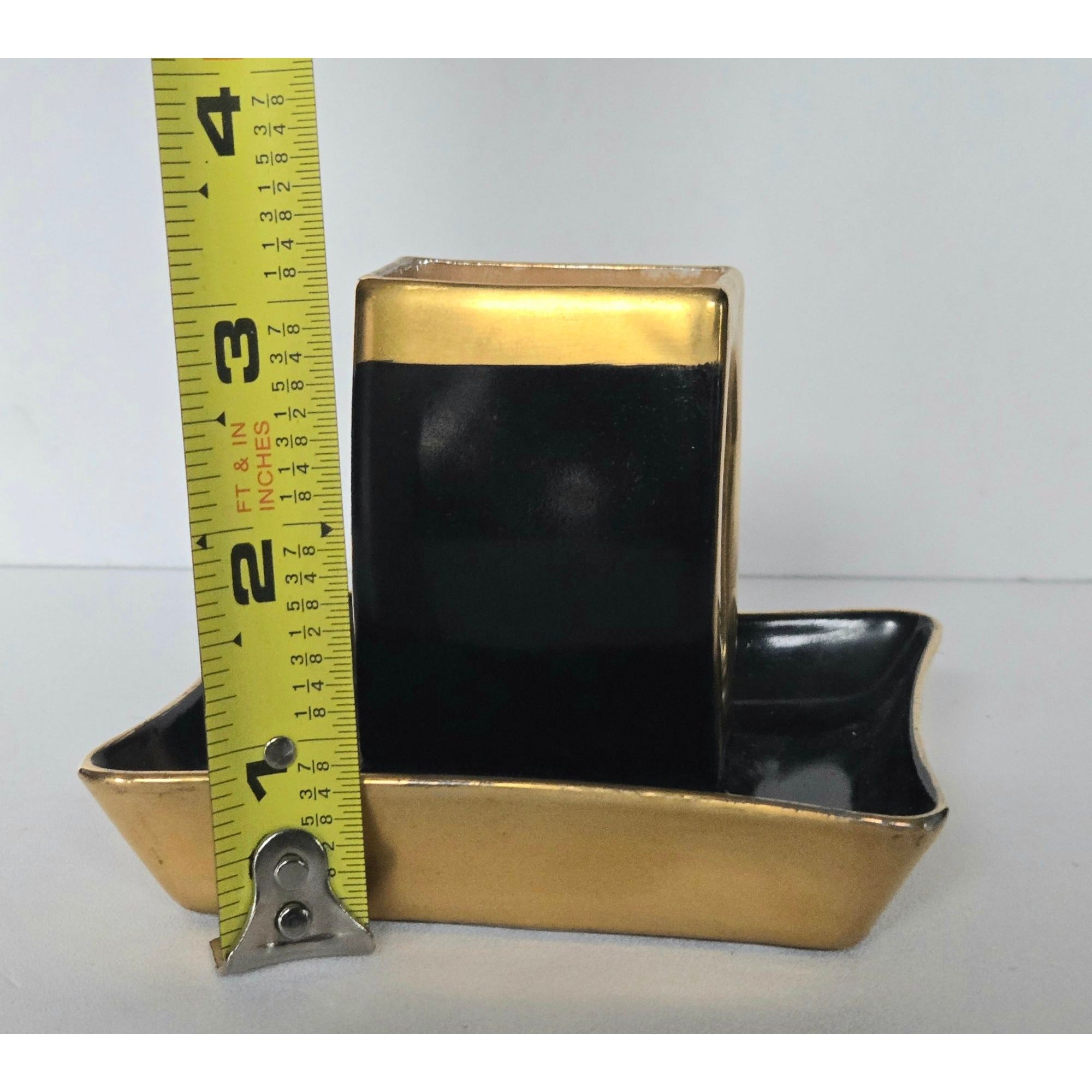 Vintage Rare 1950s Czech Art Deco Astray Black and Gold porcelain with matchbox holder 4" x 3"