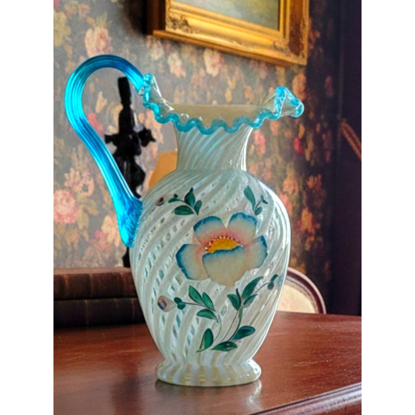 FENTON Hand-Painted Art Glass 90th Ann. Pitcher Blue Handle Floral Design, MINT