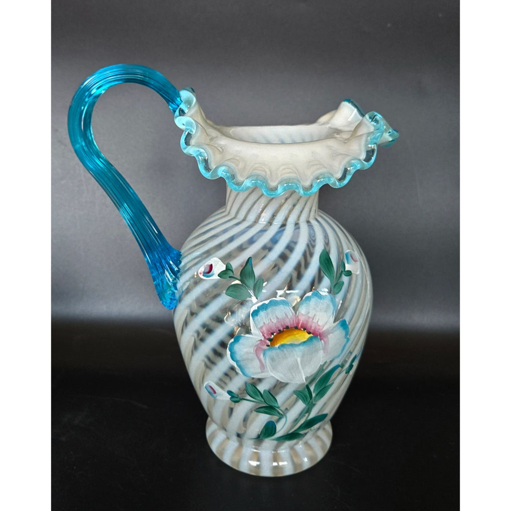 FENTON Hand-Painted Art Glass 90th Ann. Pitcher Blue Handle Floral Design, MINT