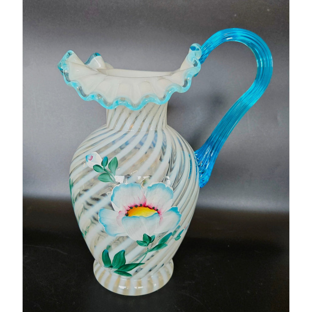 FENTON Hand-Painted Art Glass 90th Ann. Pitcher Blue Handle Floral Design, MINT