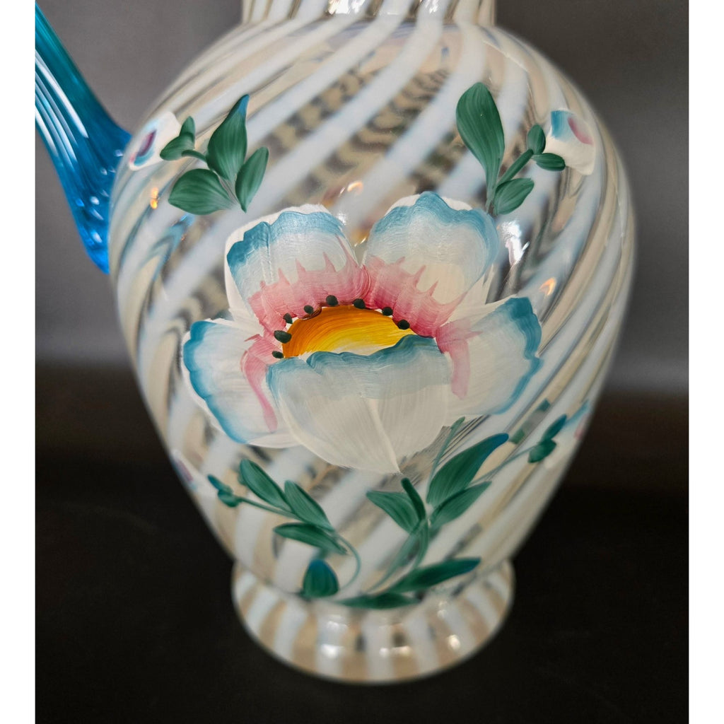 FENTON Hand-Painted Art Glass 90th Ann. Pitcher Blue Handle Floral Design, MINT