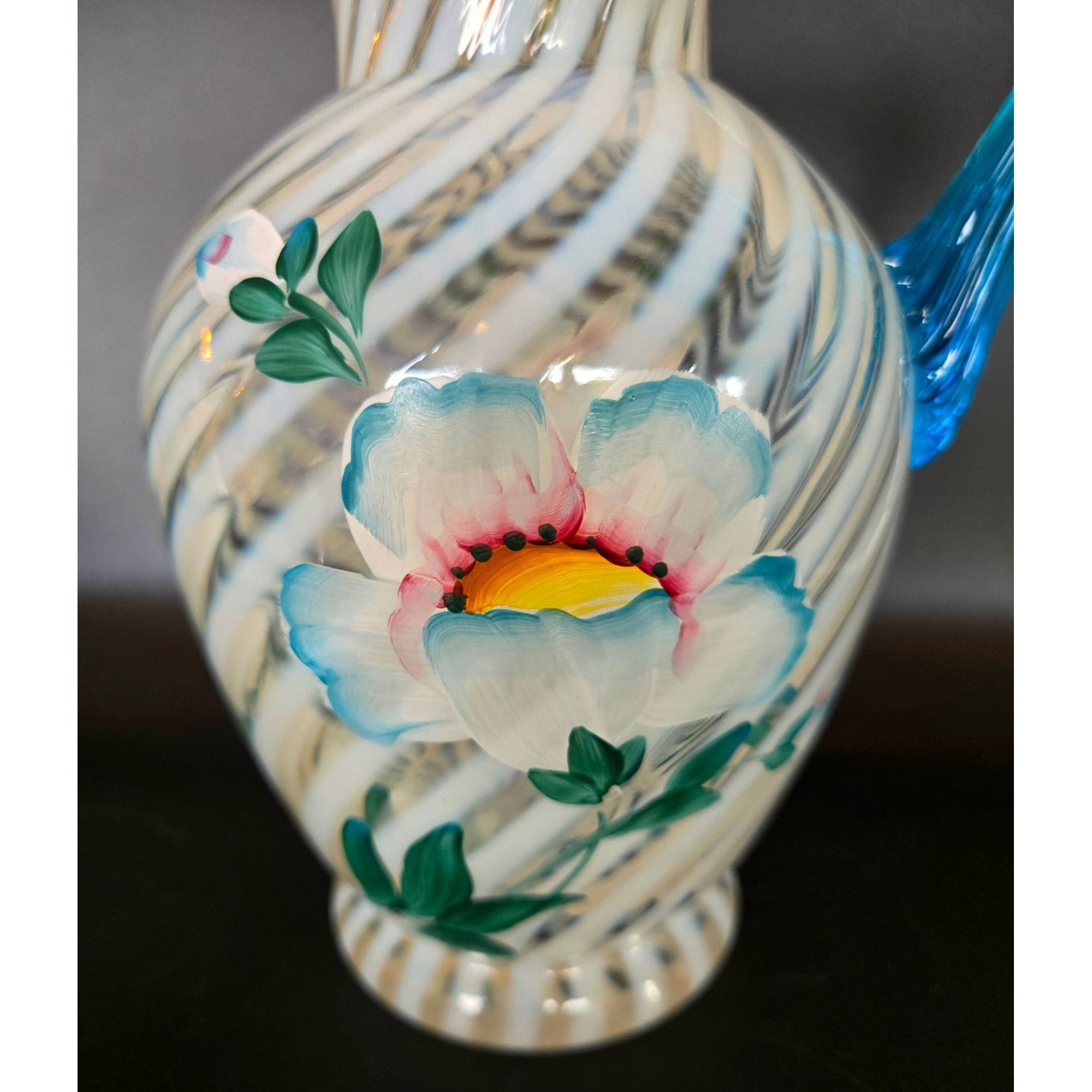 FENTON Hand-Painted Art Glass 90th Ann. Pitcher Blue Handle Floral Design, MINT