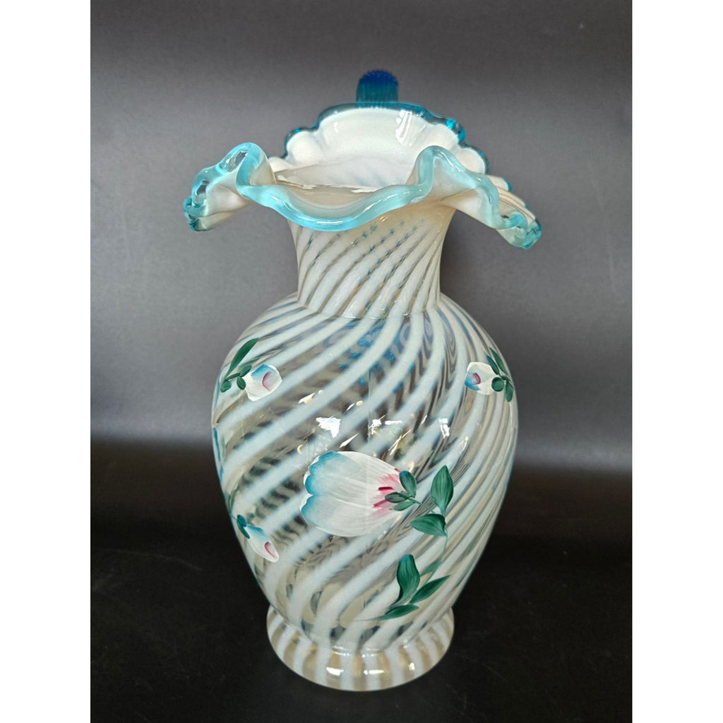 FENTON Hand-Painted Art Glass 90th Ann. Pitcher Blue Handle Floral Design, MINT