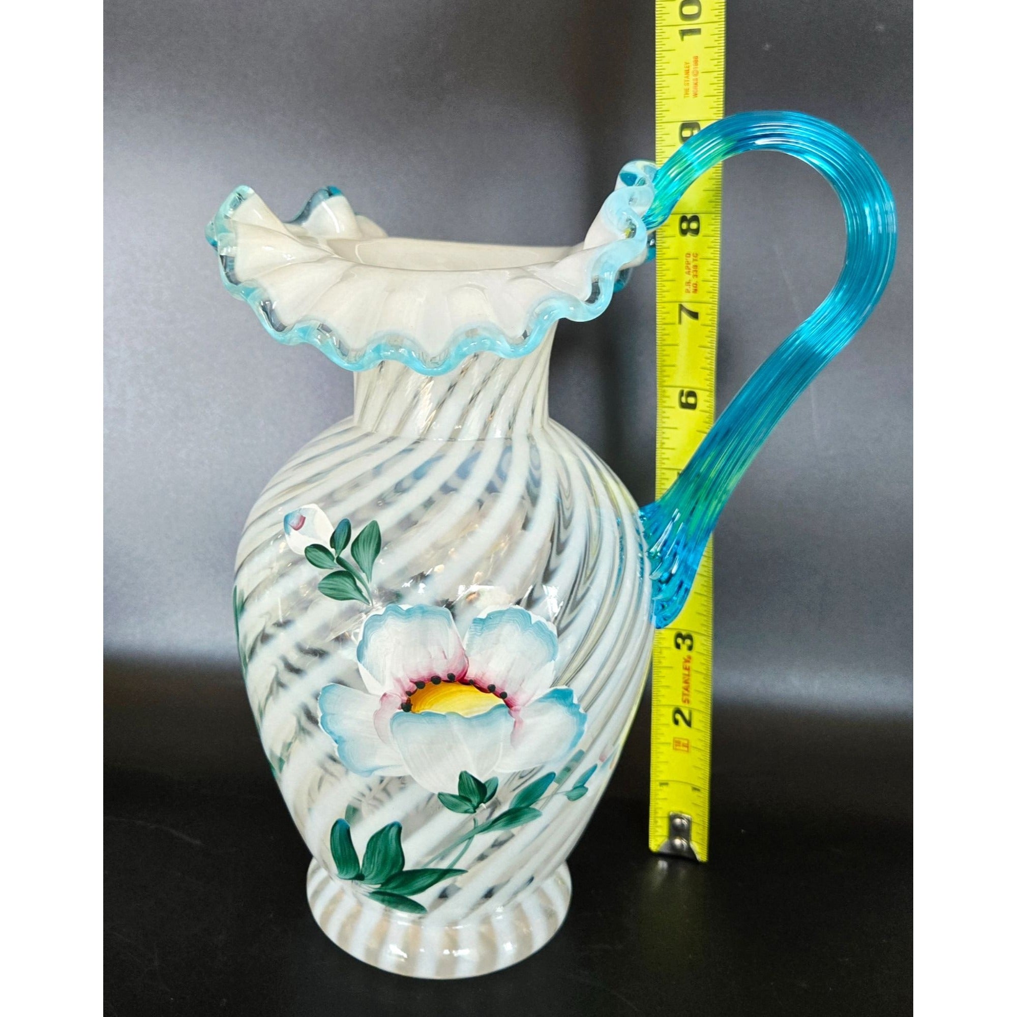 FENTON Hand-Painted Art Glass 90th Ann. Pitcher Blue Handle Floral Design, MINT
