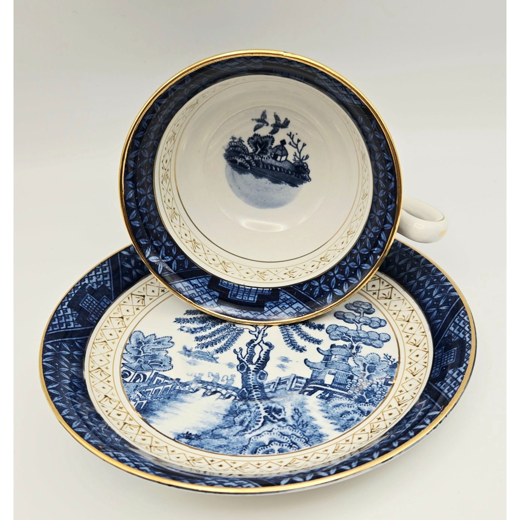 Occupied Japan Nikko  Ironestoneware Blue Willow Tea Cup Scenic Navy, White Teacup