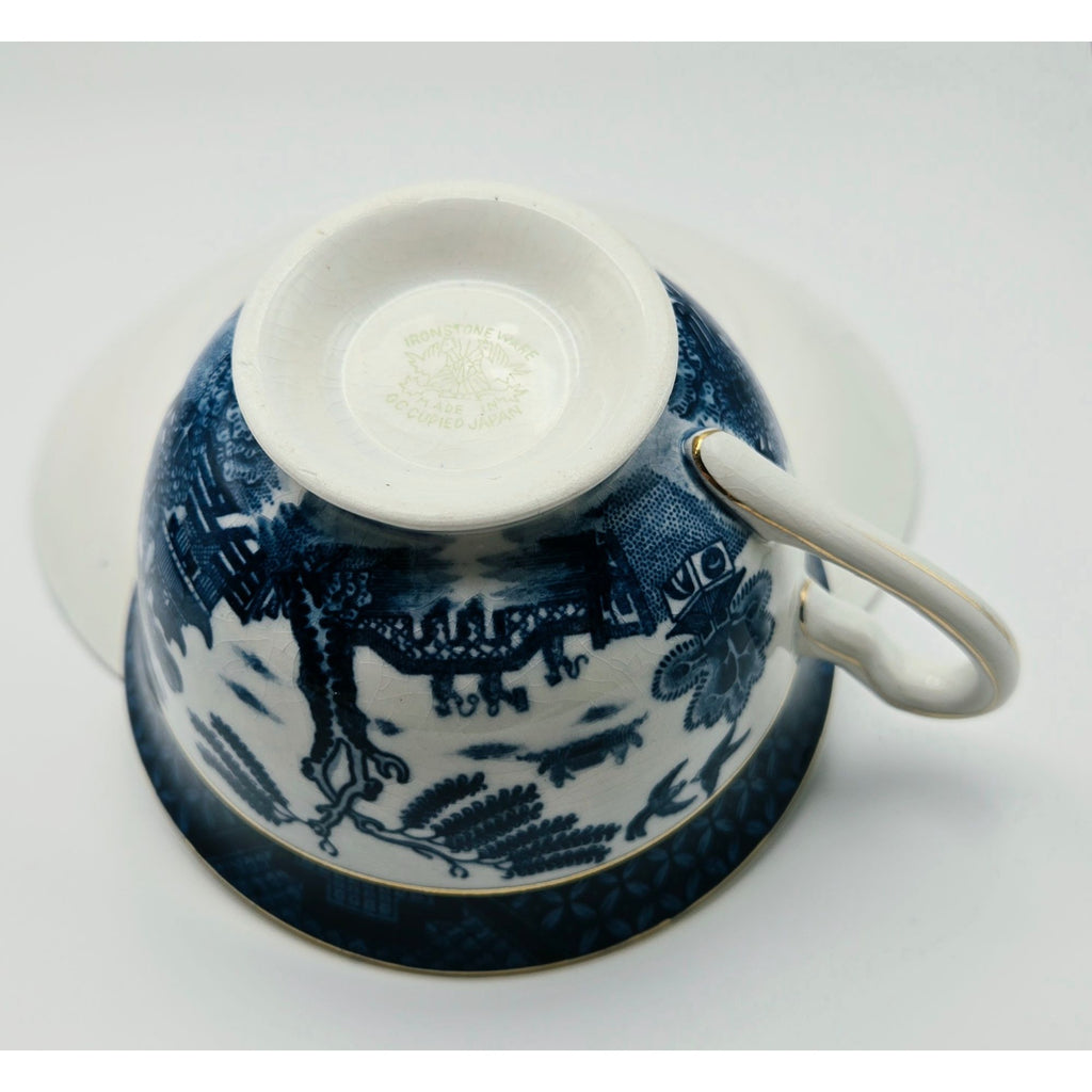 Occupied Japan Nikko  Ironestoneware Blue Willow Tea Cup Scenic Navy, White Teacup