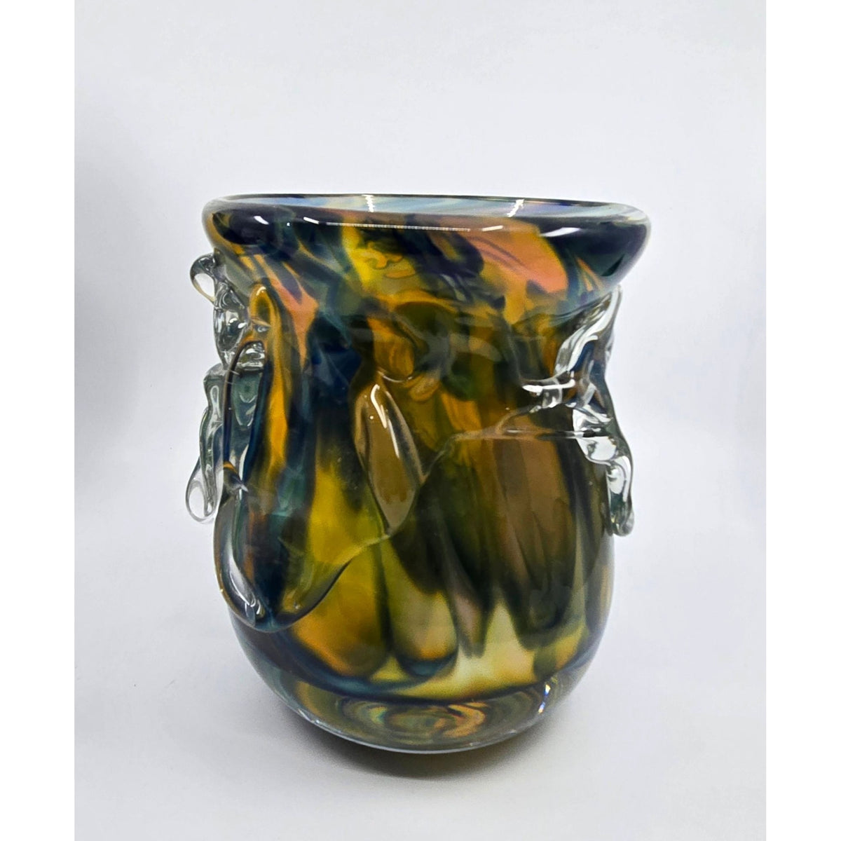 Knobbly Vase hand blown, Greens blues Yellow, Heavy. Signed, Excellent Condition