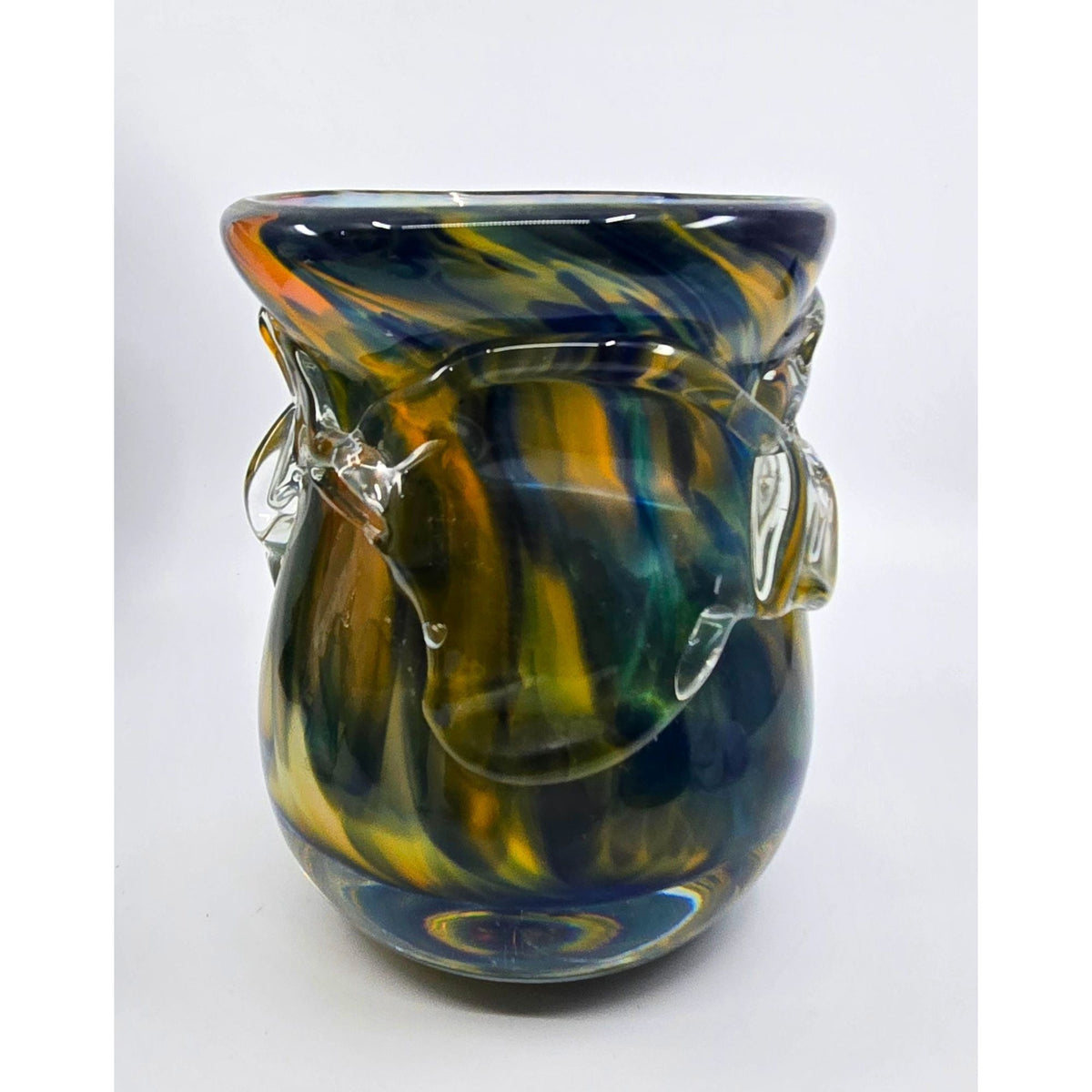 Knobbly Vase hand blown, Greens blues Yellow, Heavy. Signed, Excellent Condition