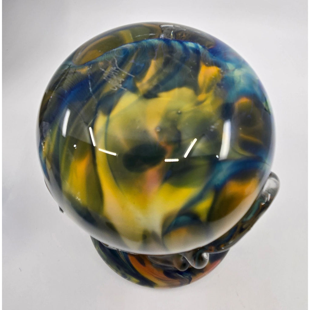 Knobbly Vase hand blown, Greens blues Yellow, Heavy. Signed, Excellent Condition
