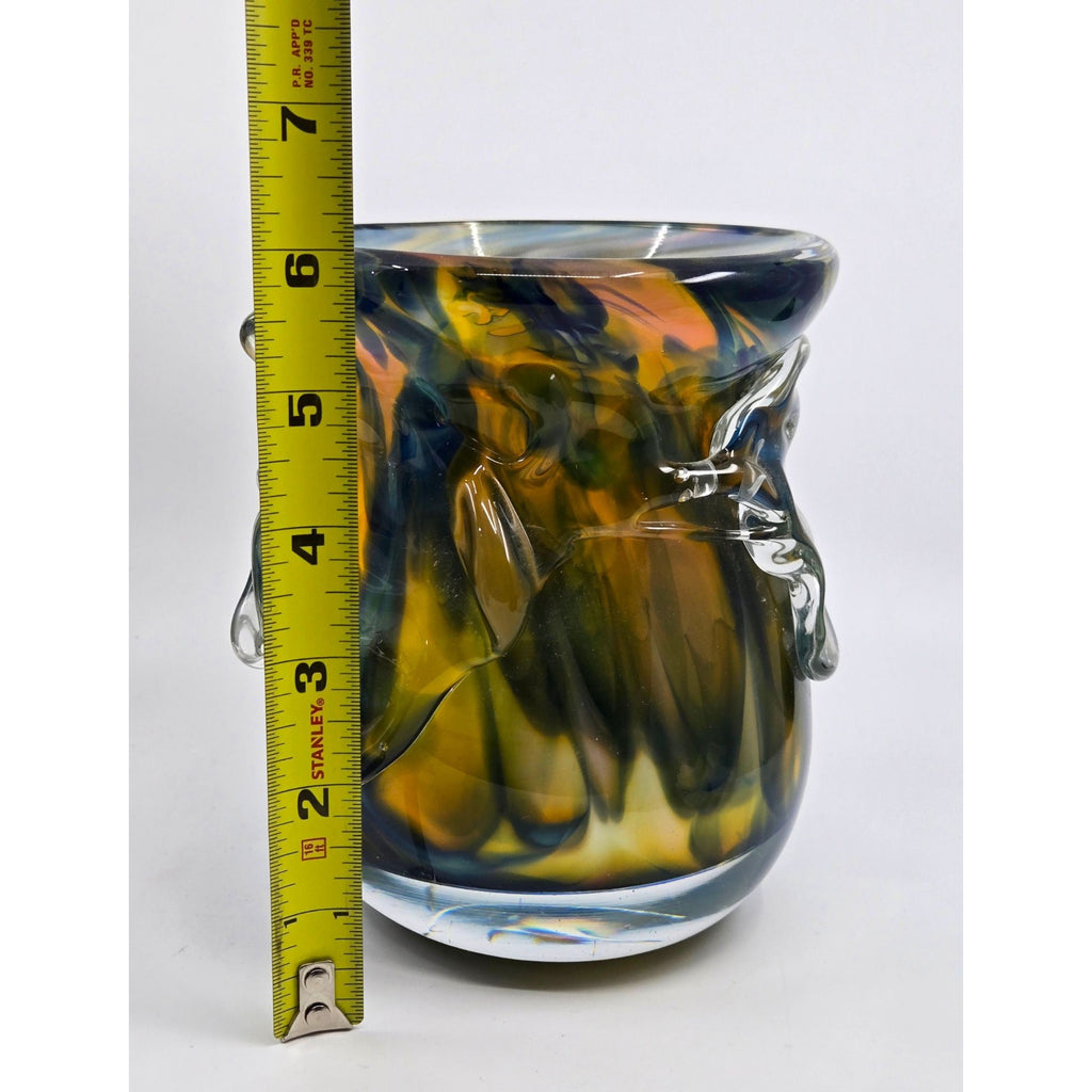 Knobbly Vase hand blown, Greens blues Yellow, Heavy. Signed, Excellent Condition