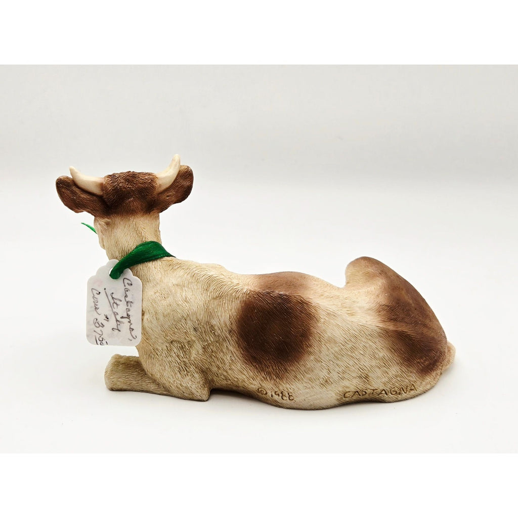 Castagna 1988 Brown & White Cow Figurine With Green Bow - Handcrafted Stone - Made In Italy