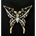 Gold & Black Butterfly Brooch With Crystals 2" Elegant