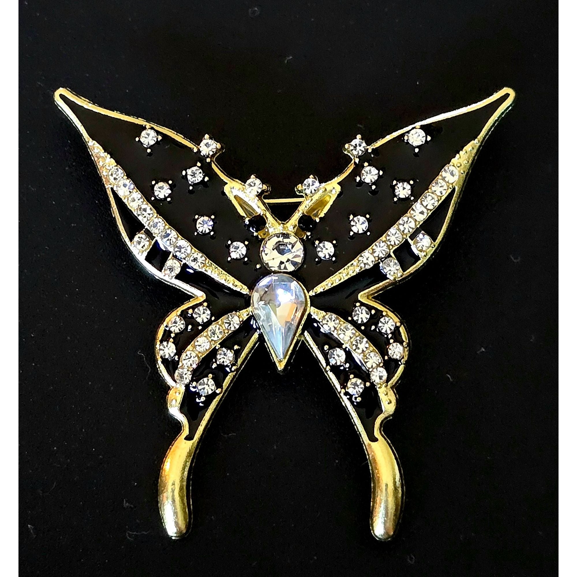 Gold & Black Butterfly Brooch With Crystals 2" Elegant