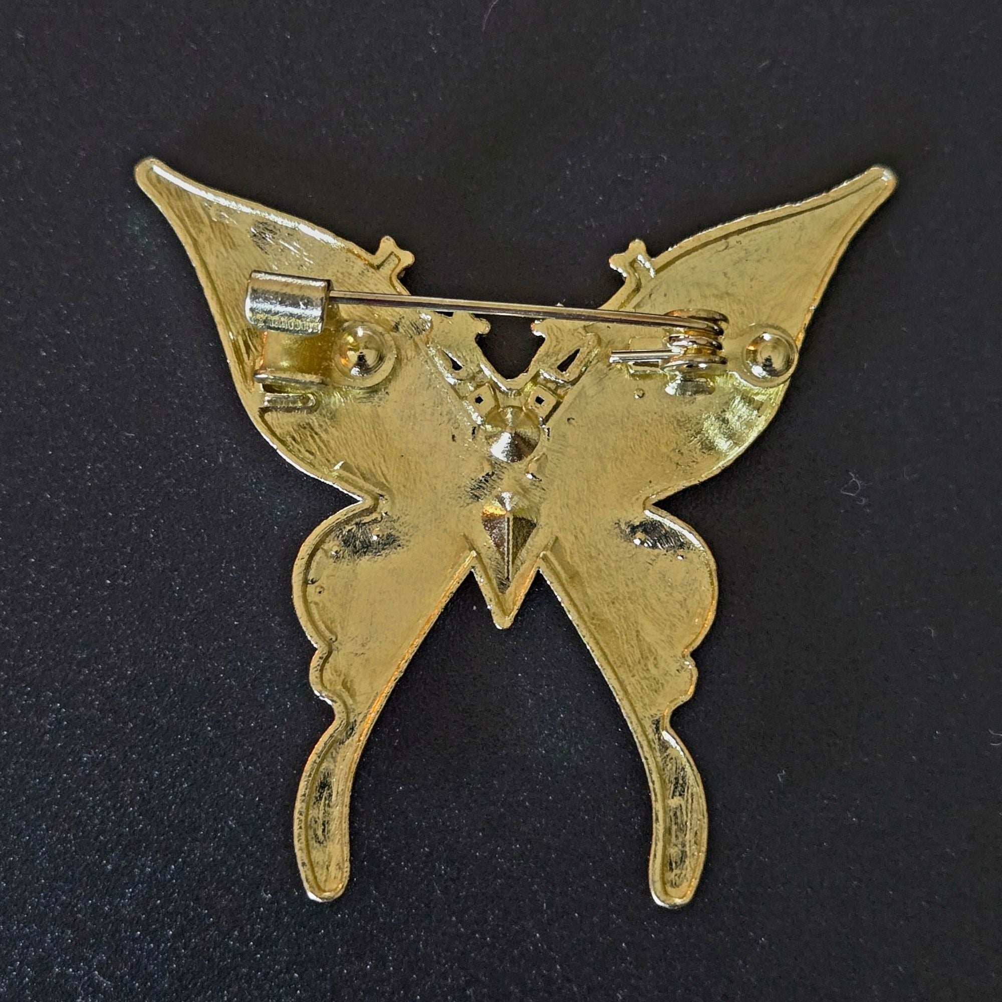 Gold & Black Butterfly Brooch With Crystals 2" Elegant