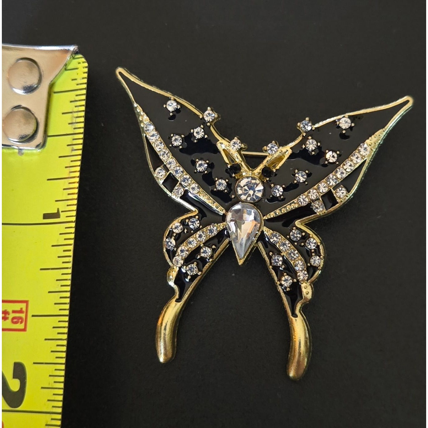 Gold & Black Butterfly Brooch With Crystals 2" Elegant