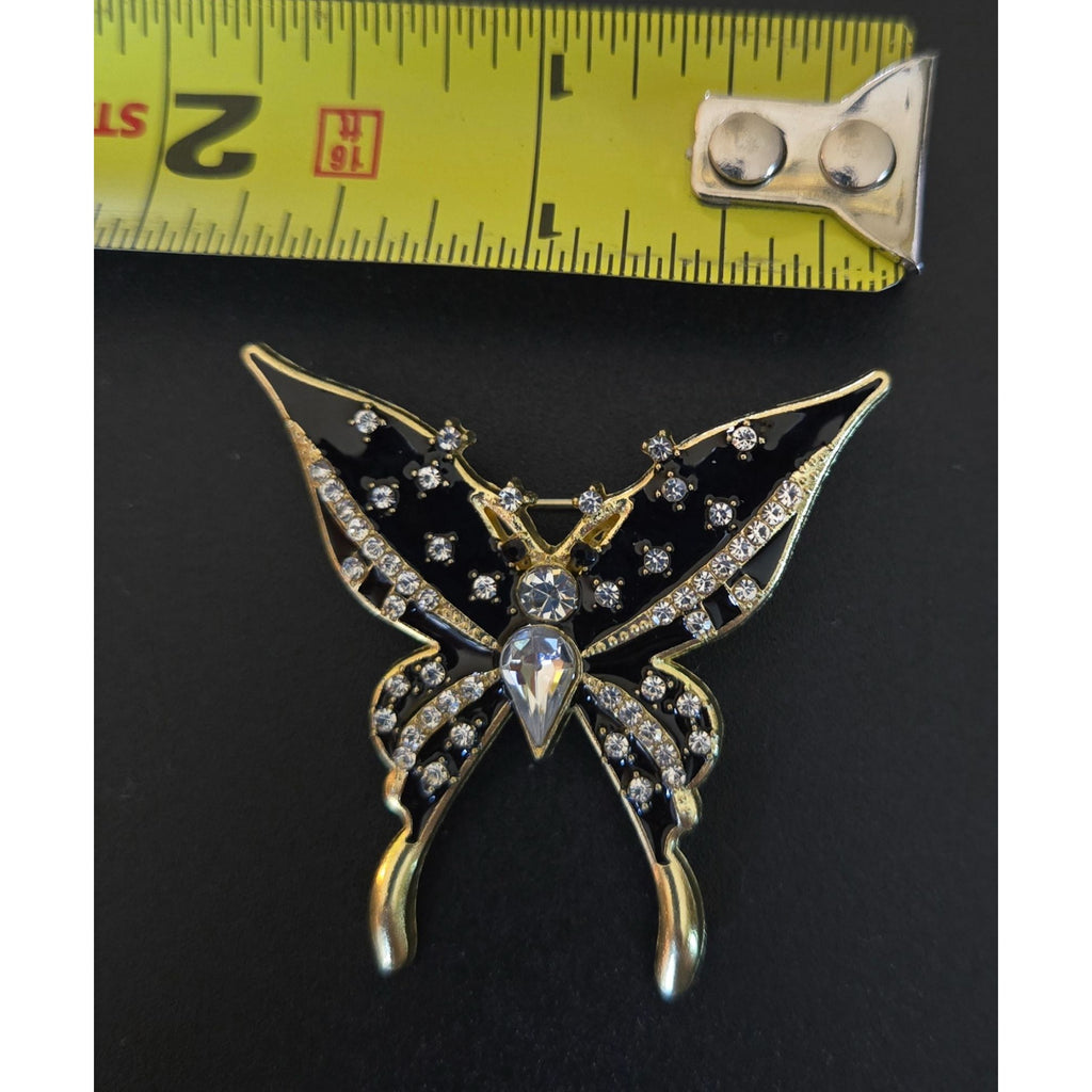 Gold & Black Butterfly Brooch With Crystals 2" Elegant