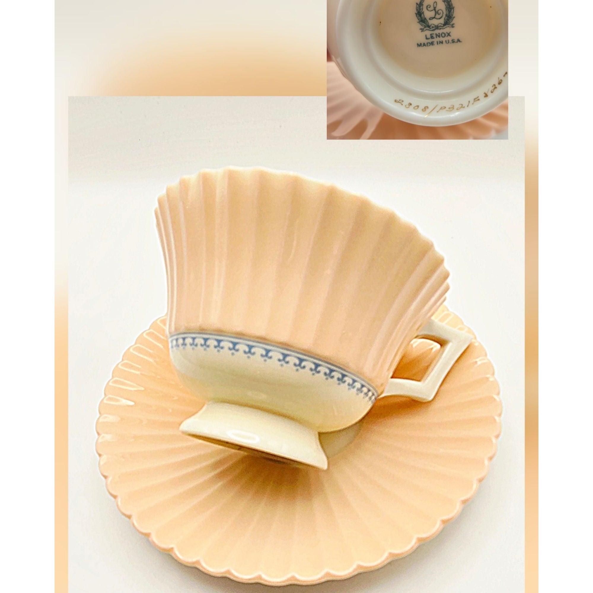 Vintage Lenox China "Joan" Cup Saucer Set Pink Blue Scallops Discontinued 1939, Numbered