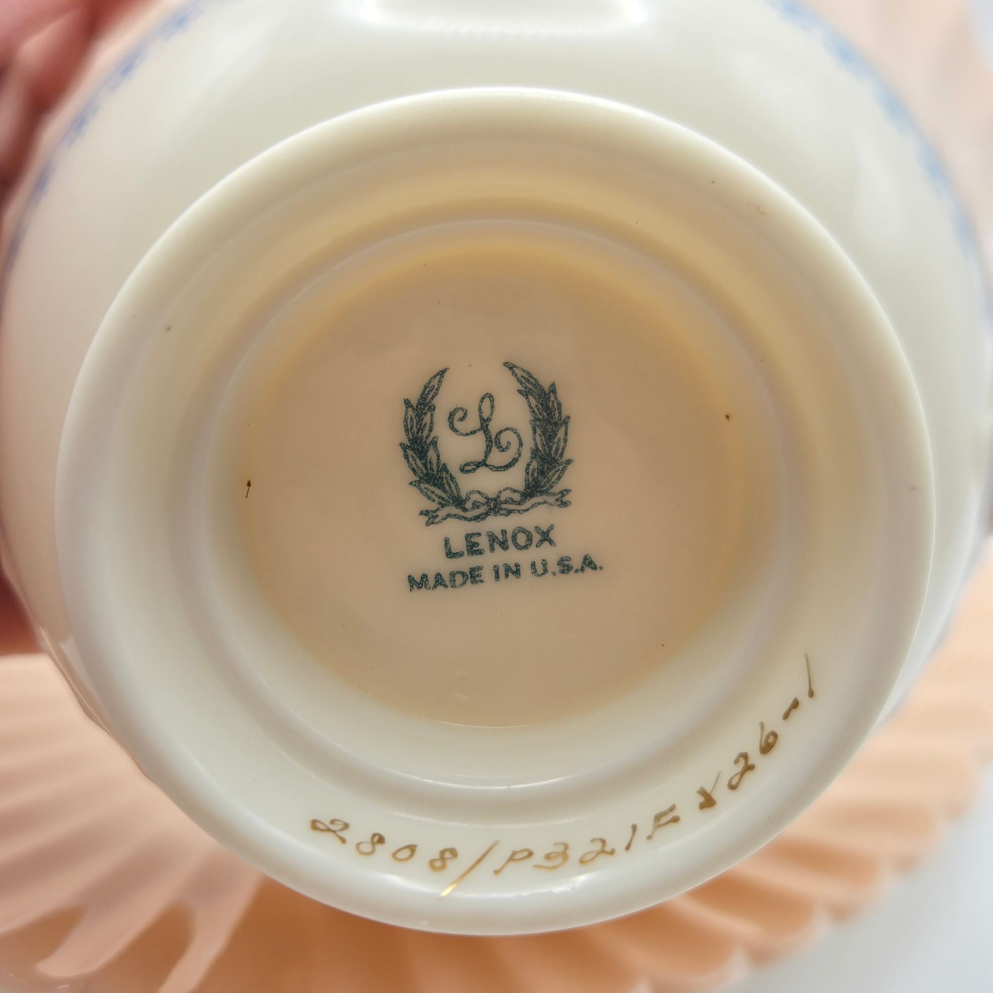 Vintage Lenox China "Joan" Cup Saucer Set Pink Blue Scallops Discontinued 1939, Numbered