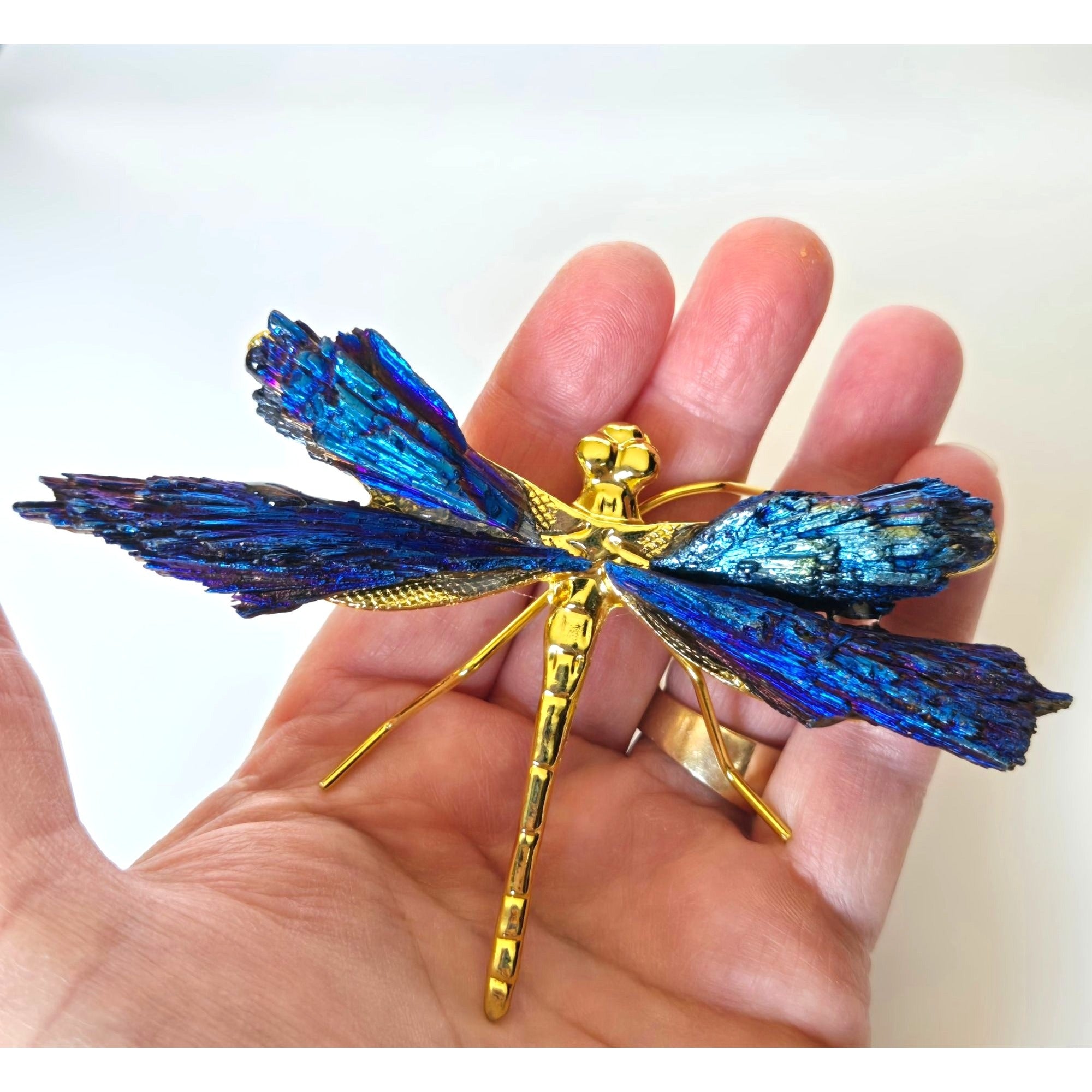 Titanium Kyanite Mineral Dragonfly. Iridescent Blue, Purple Metal and Stone.