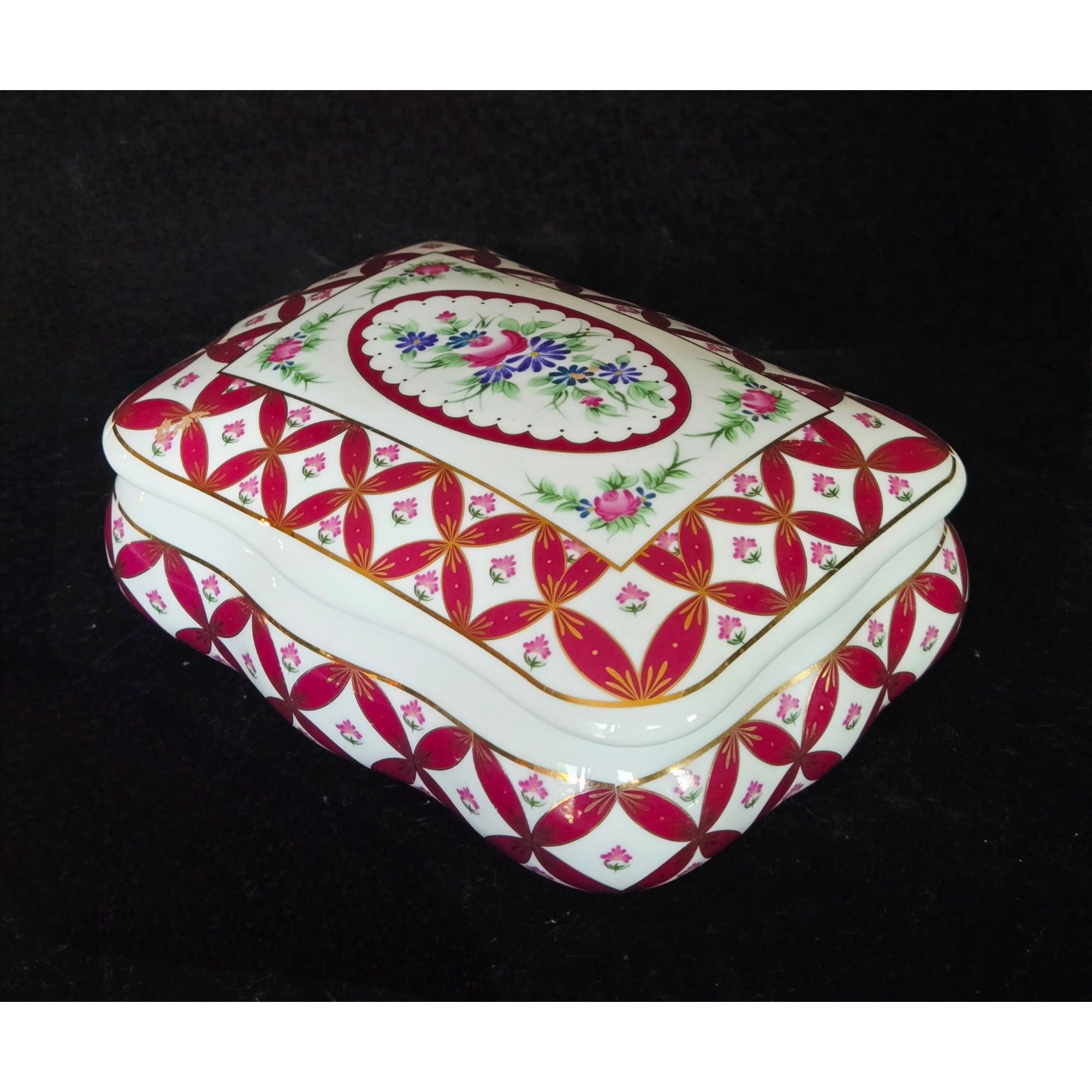 Vintage Coats & Clark Porcelain Trinket Box Limited Edition 2003 Design Red & Gold Floral