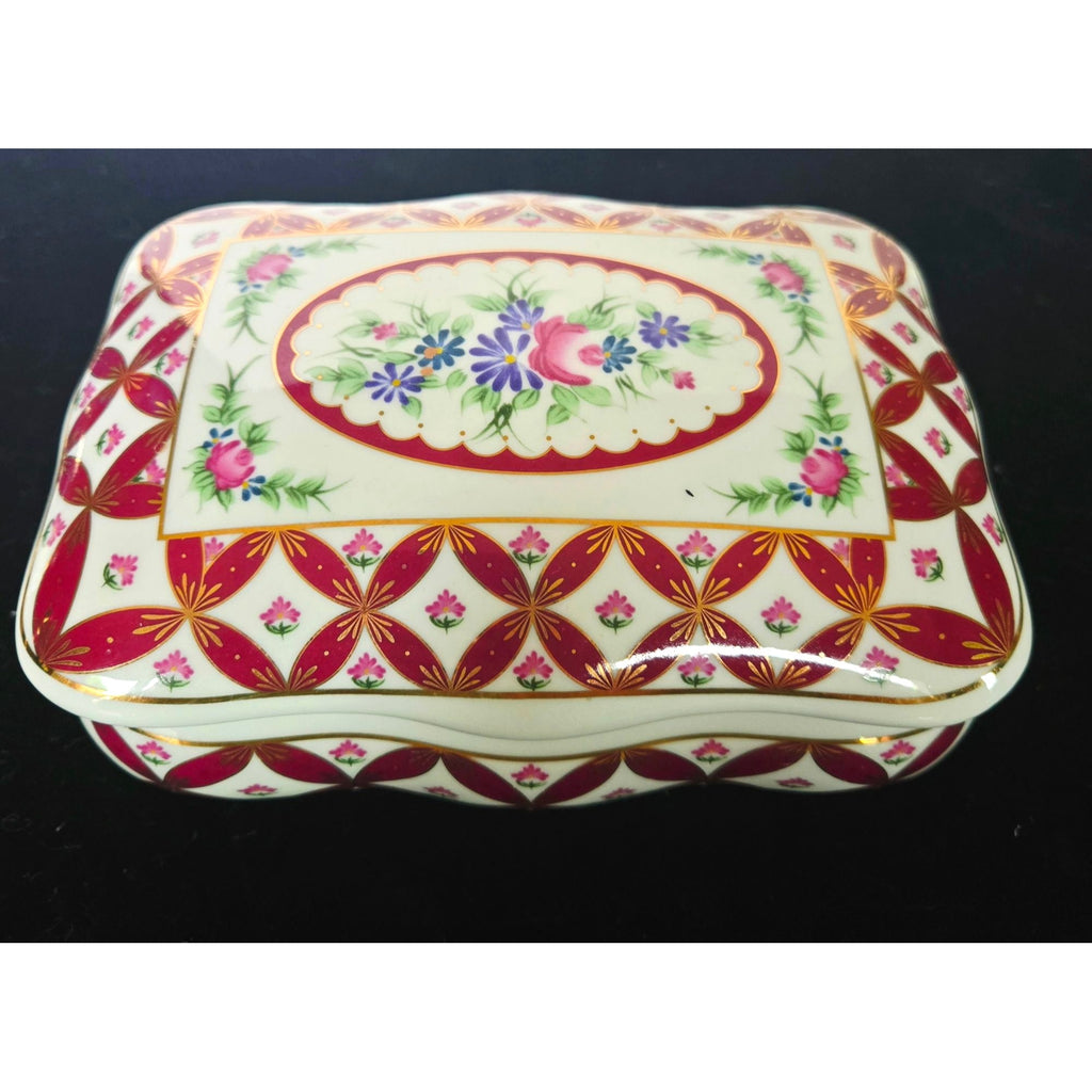 Vintage Coats & Clark Porcelain Trinket Box Limited Edition 2003 Design Red & Gold Floral