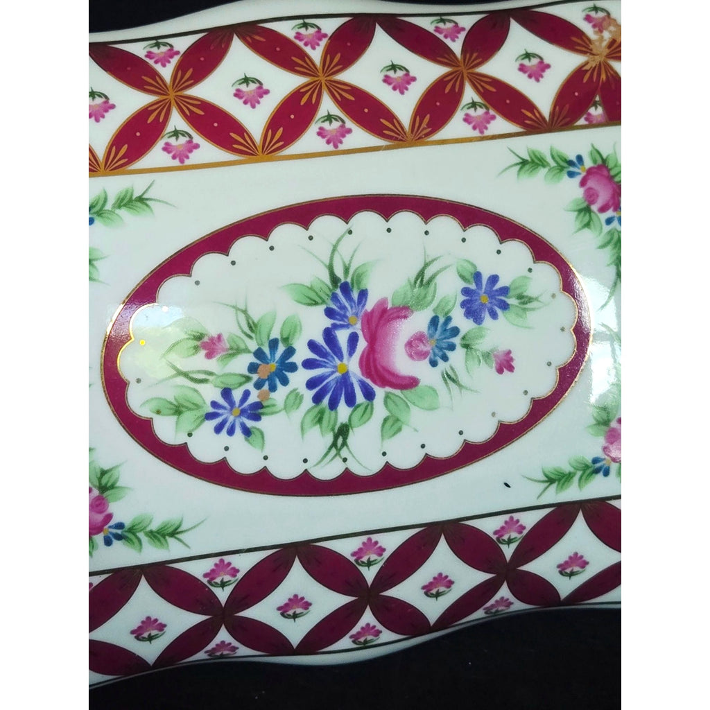 Vintage Coats & Clark Porcelain Trinket Box Limited Edition 2003 Design Red & Gold Floral