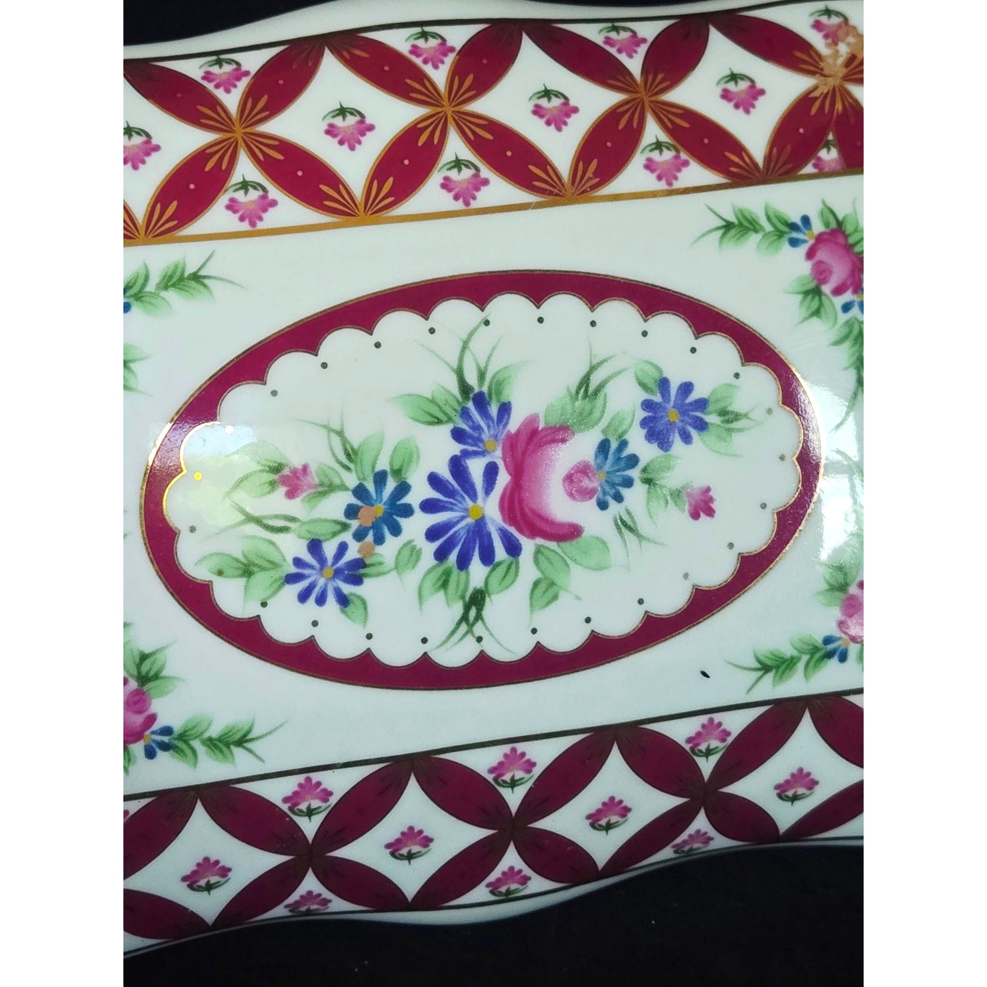 Vintage Coats & Clark Porcelain Trinket Box Limited Edition 2003 Design Red & Gold Floral