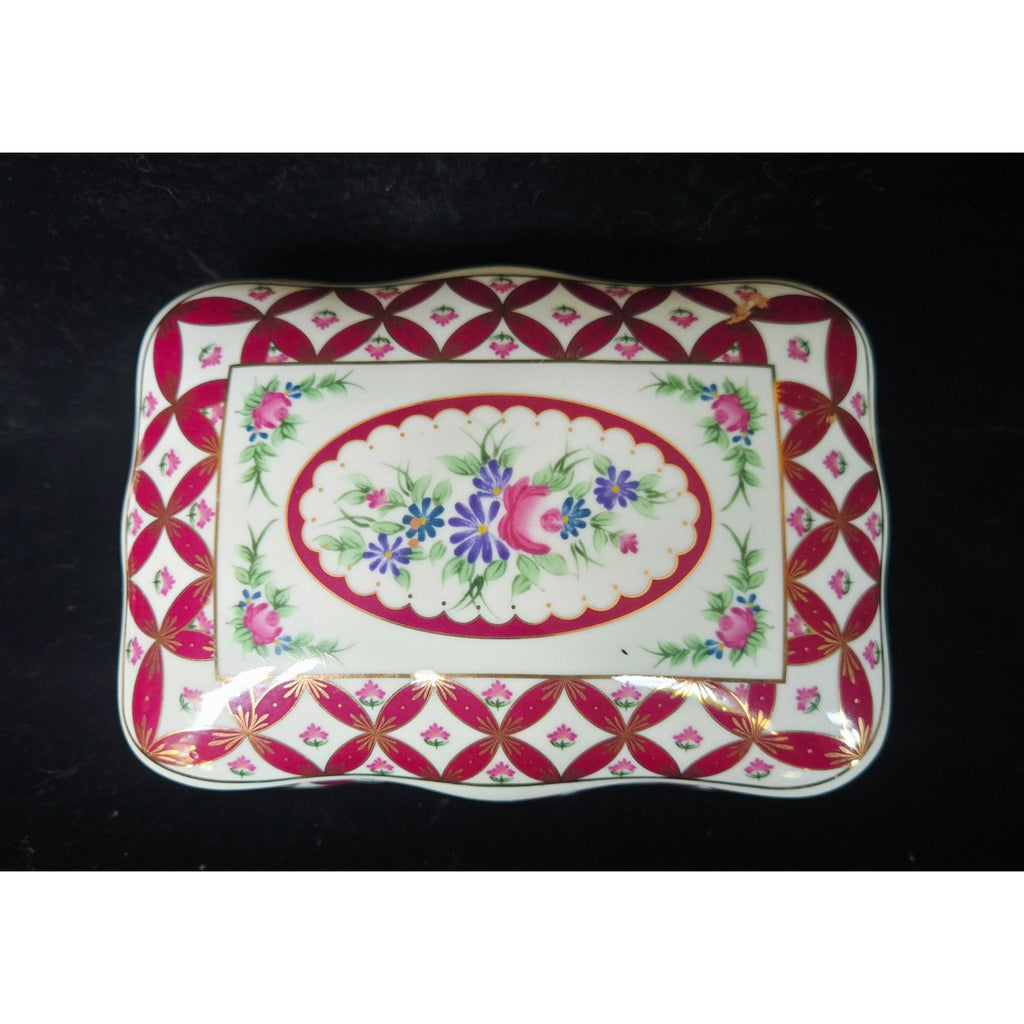 Vintage Coats & Clark Porcelain Trinket Box Limited Edition 2003 Design Red & Gold Floral