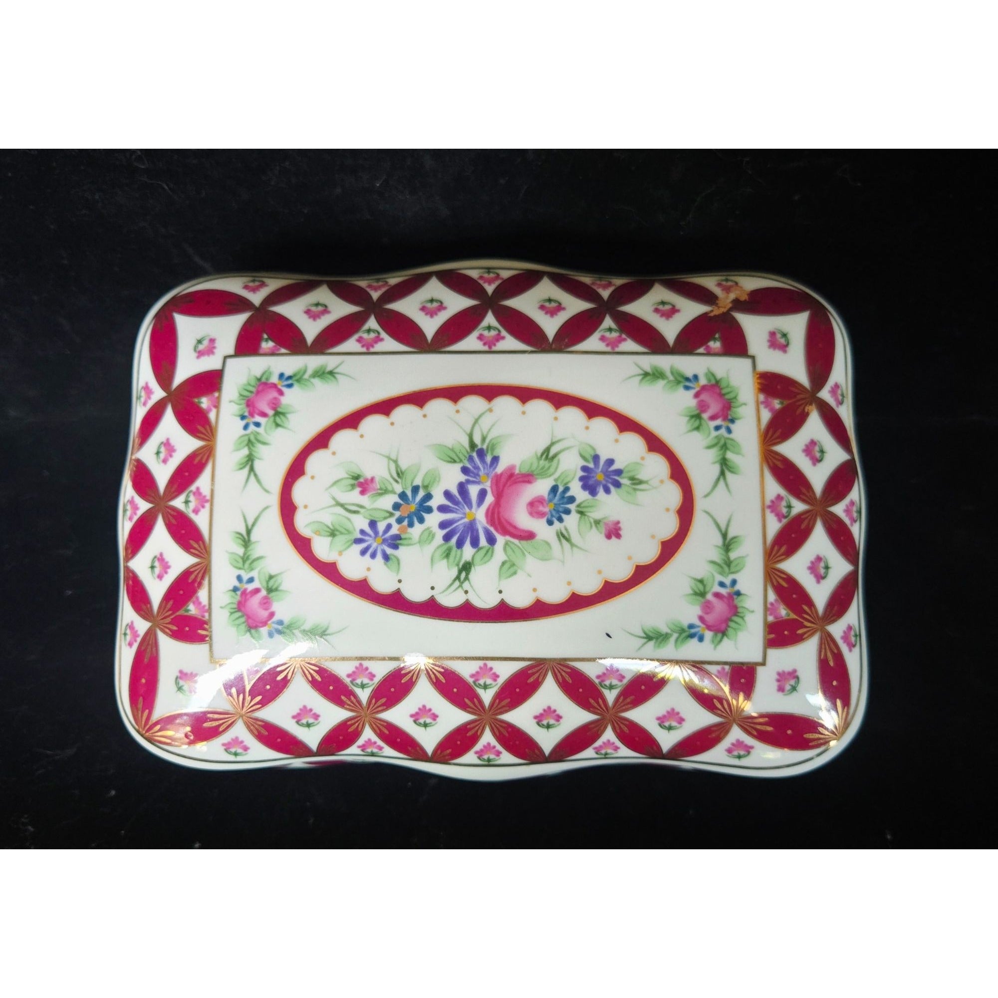 Vintage Coats & Clark Porcelain Trinket Box Limited Edition 2003 Design Red & Gold Floral