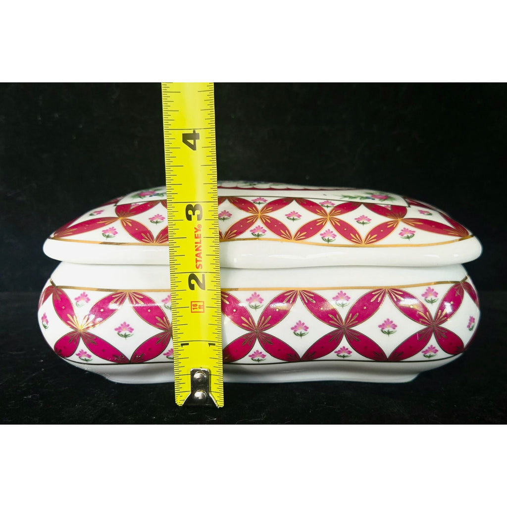 Vintage Coats & Clark Porcelain Trinket Box Limited Edition 2003 Design Red & Gold Floral