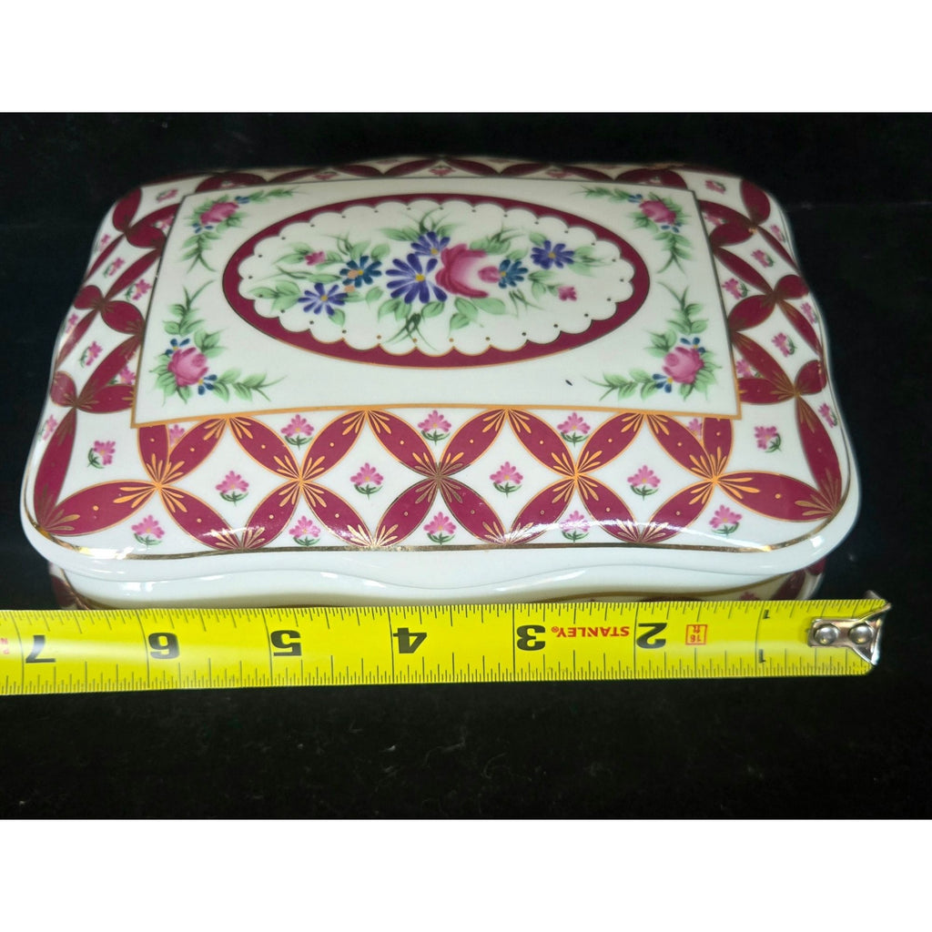 Vintage Coats & Clark Porcelain Trinket Box Limited Edition 2003 Design Red & Gold Floral