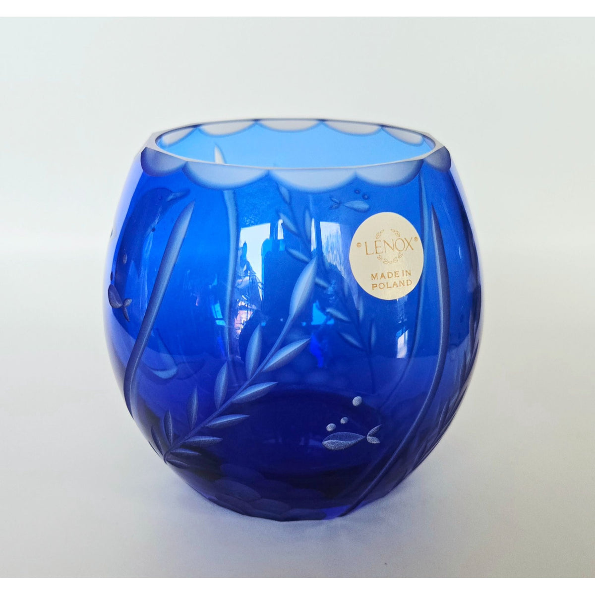Lenox Made In Poland Blue Dolphin Crystal Vase, Rose Bowl
