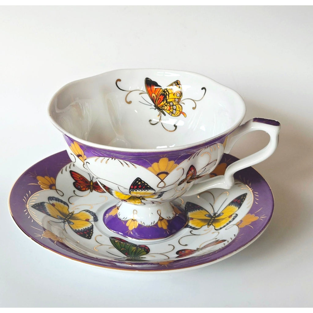 Rare ECHT Porcelain Butterfly Teacup Purple & Gold Accents - Germany