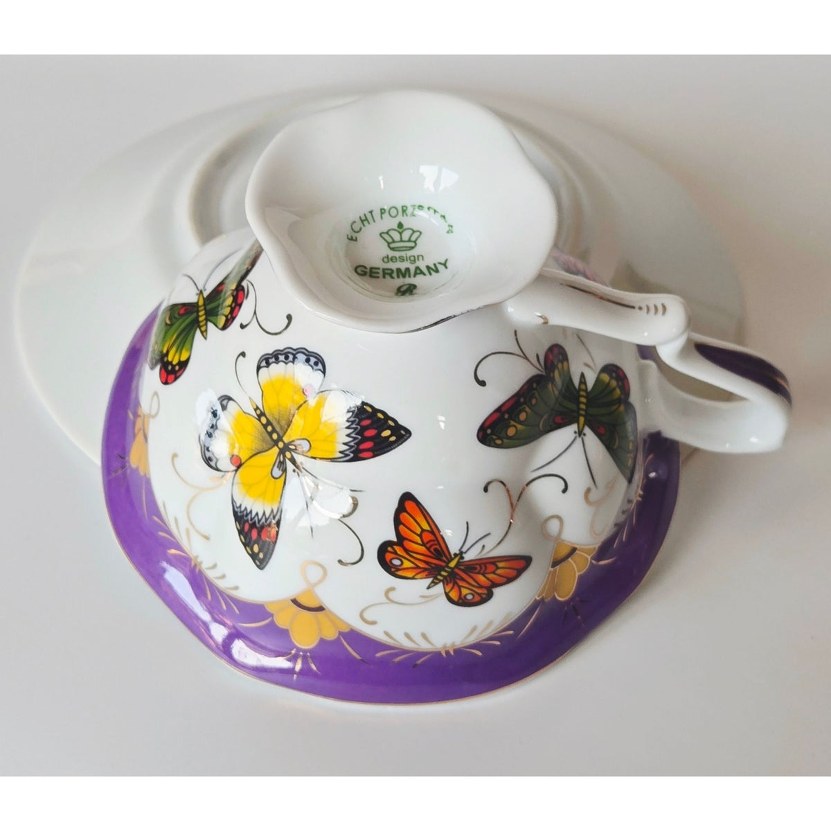Rare ECHT Porcelain Butterfly Teacup Purple & Gold Accents - Germany