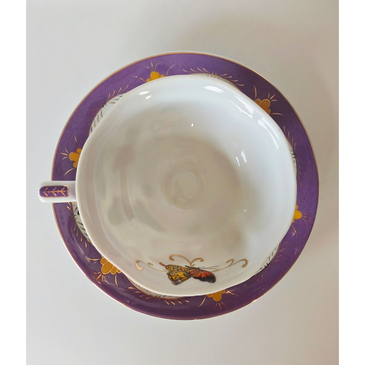 Rare ECHT Porcelain Butterfly Teacup Purple & Gold Accents - Germany