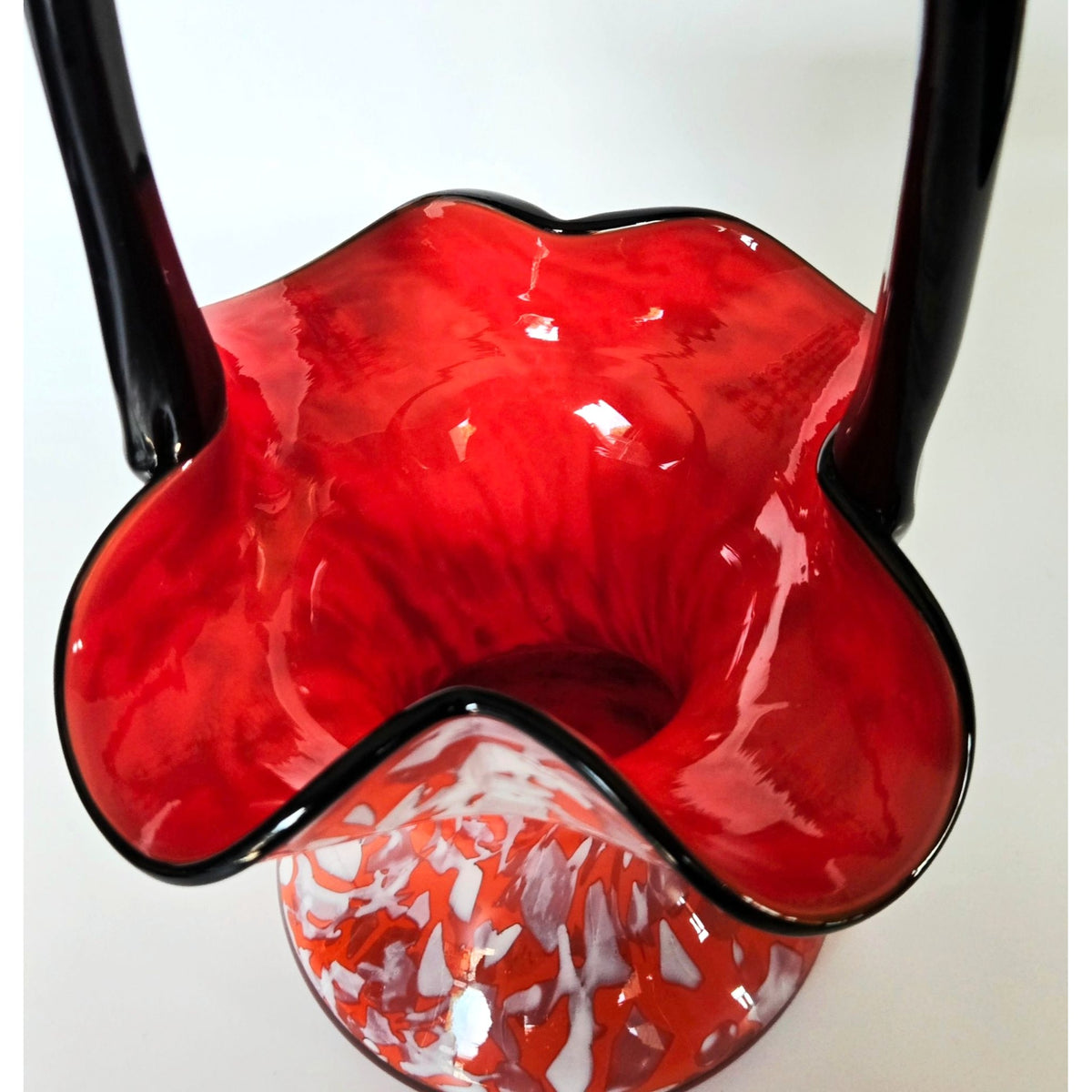 Welz Red & White Czech Art Glass Basket With Black Handle Handblown 8"