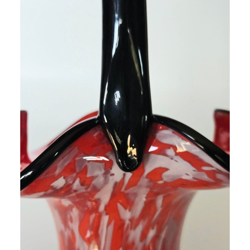 Welz Red & White Czech Art Glass Basket With Black Handle Handblown 8"