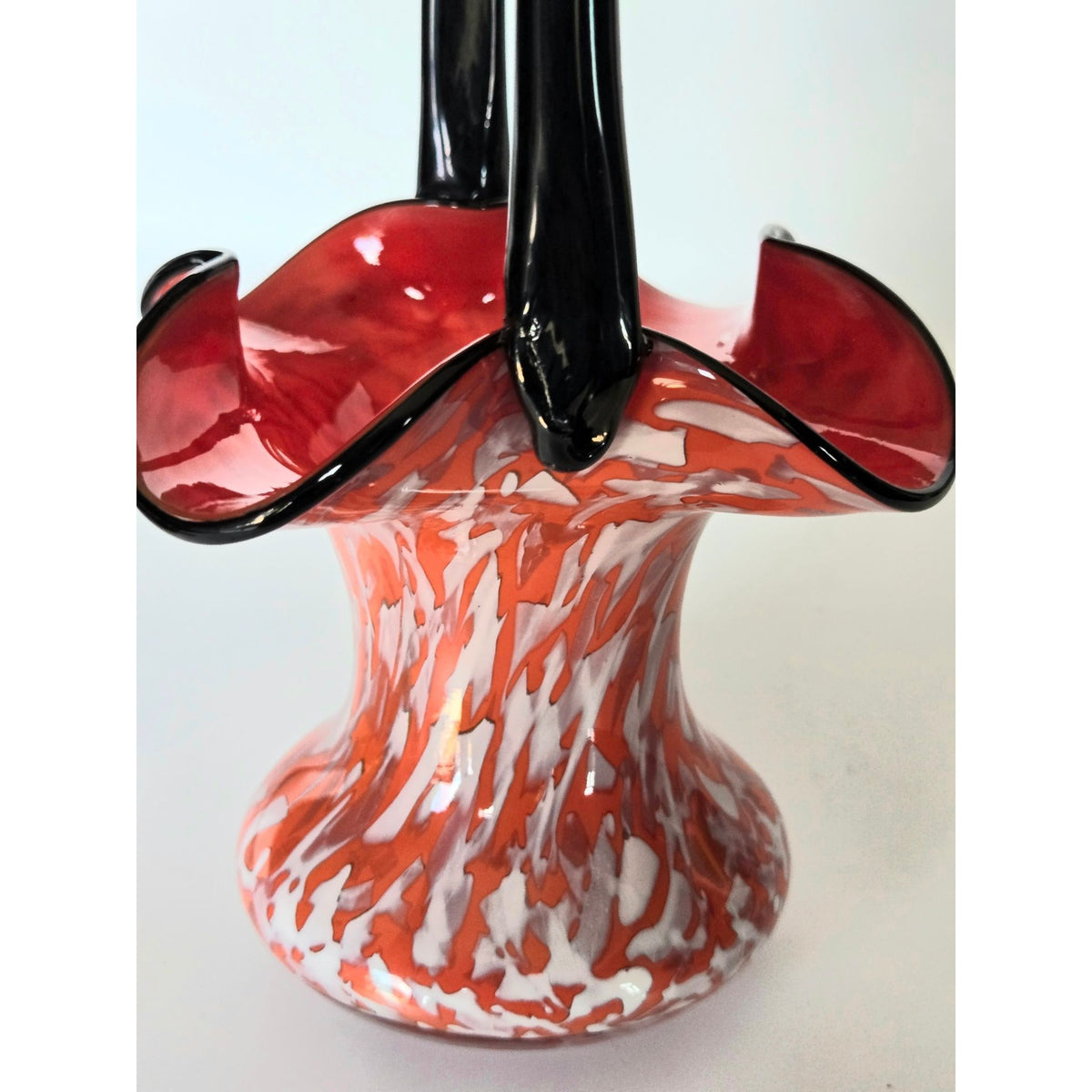 Welz Red & White Czech Art Glass Basket With Black Handle Handblown 8"