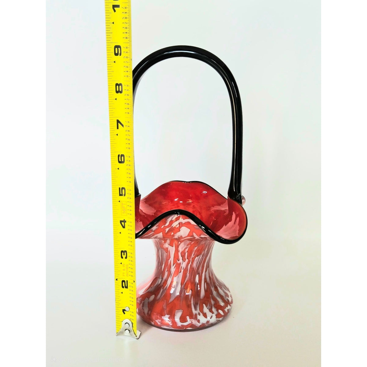 Welz Red & White Czech Art Glass Basket With Black Handle Handblown 8"