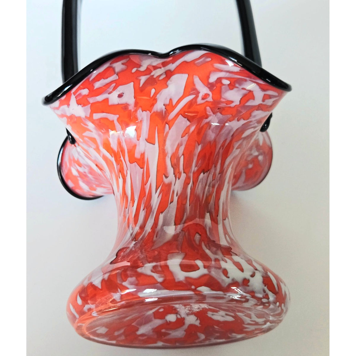 Welz Red & White Czech Art Glass Basket With Black Handle Handblown 8"
