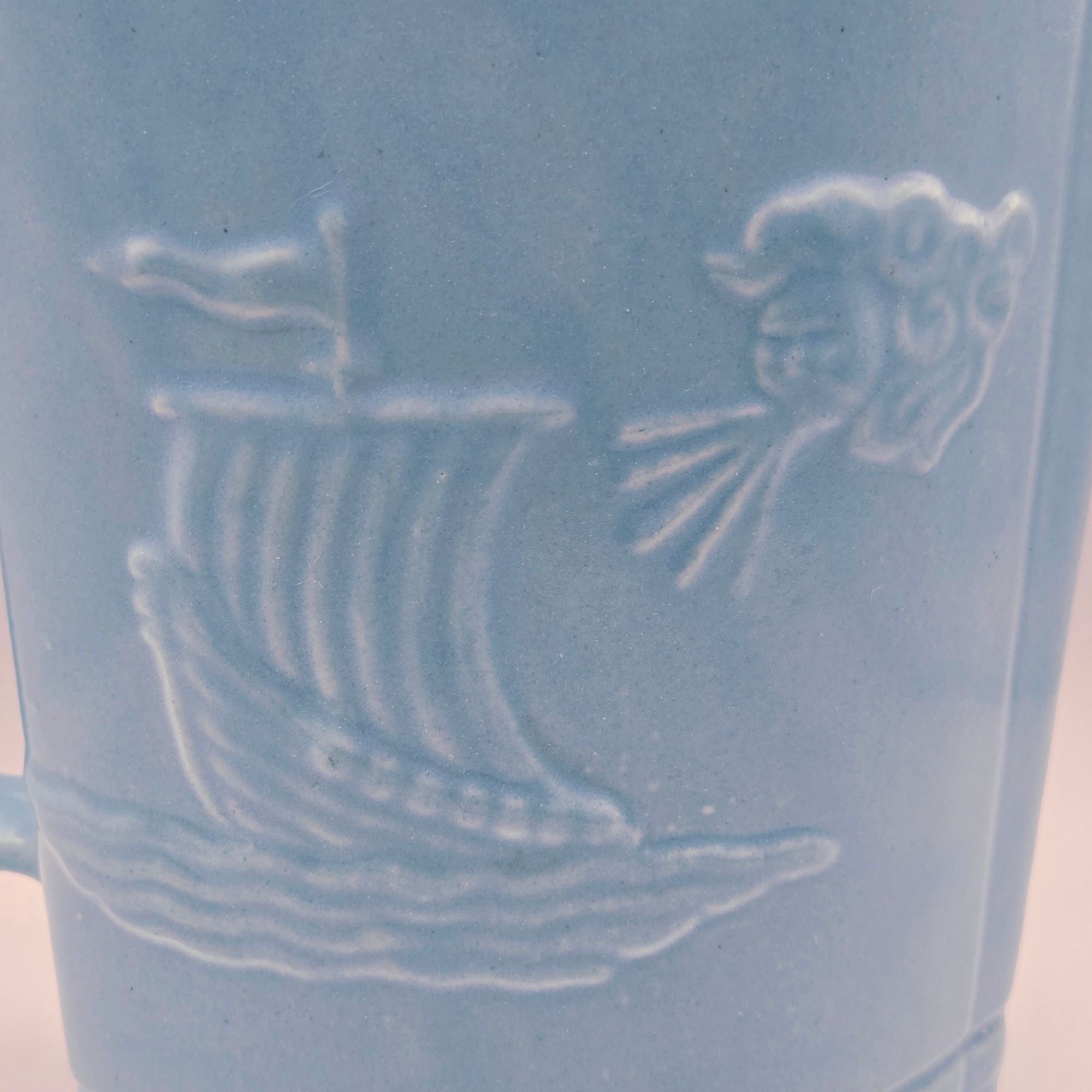 Vintage Ransbottom Blue Pottery Pitcher With Embossed Viking Ship & Wind Face Design