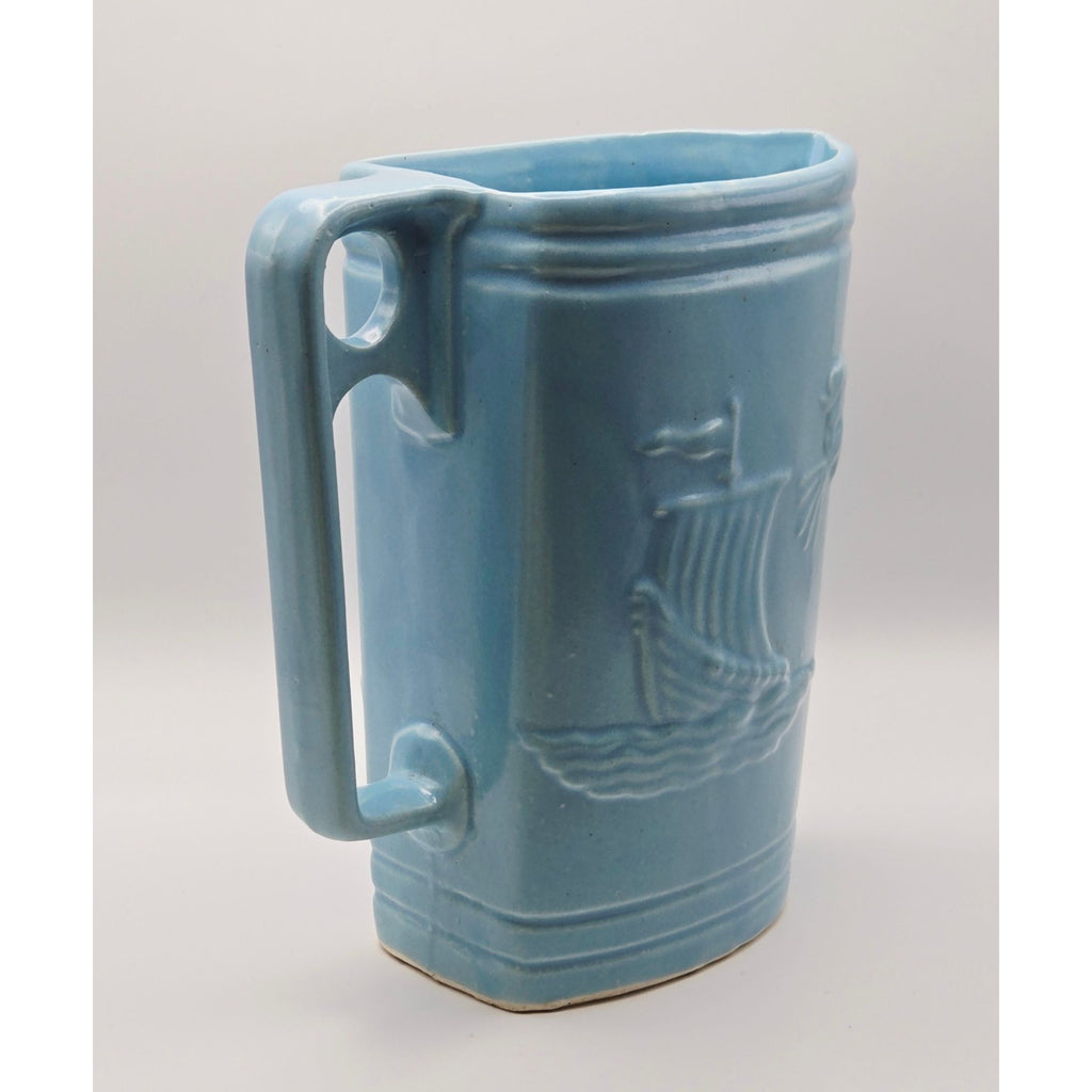Vintage Ransbottom Blue Pottery Pitcher With Embossed Viking Ship & Wind Face Design