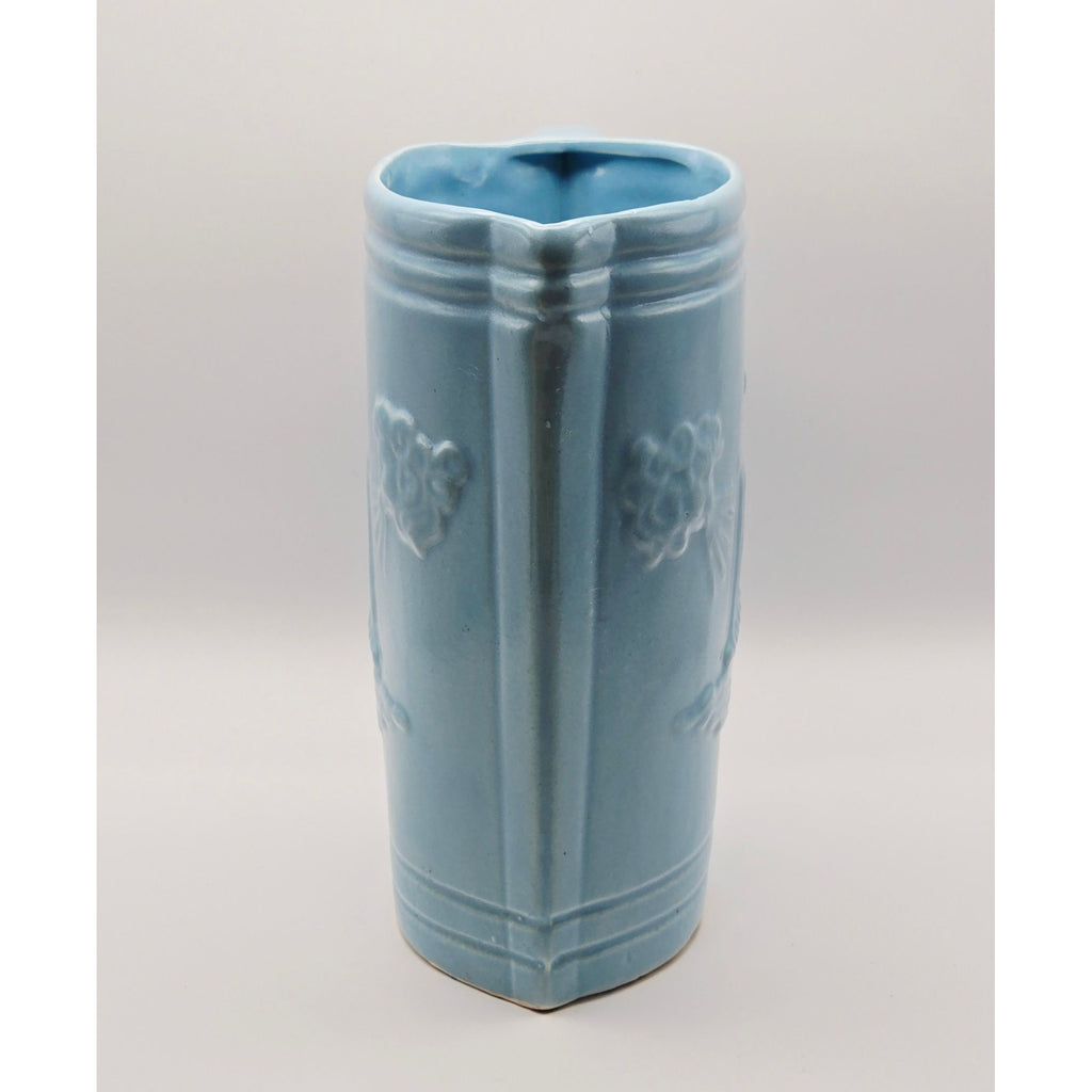 Vintage Ransbottom Blue Pottery Pitcher With Embossed Viking Ship & Wind Face Design