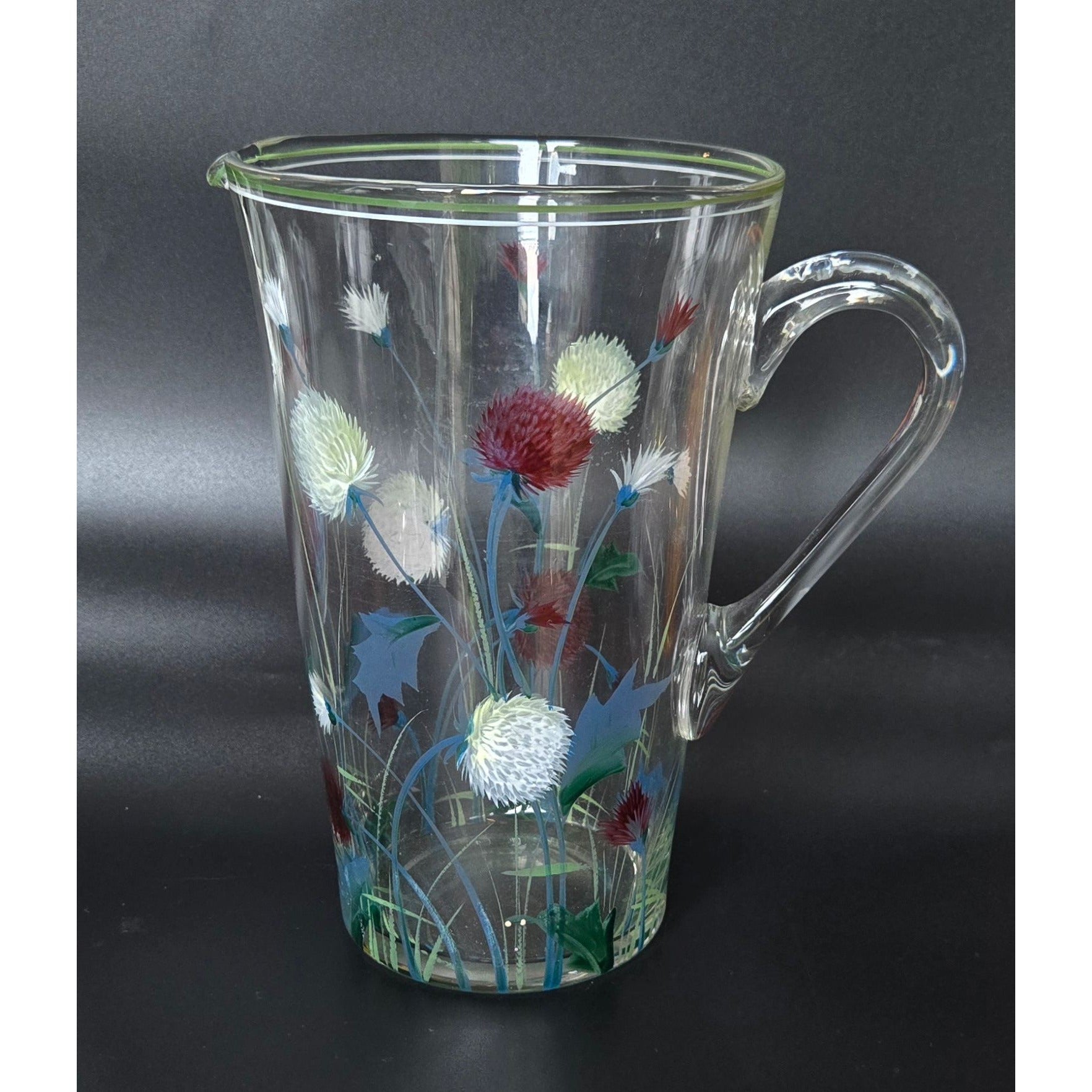 Vintage 1940s Glass Pitcher w/Hand Painted Clover, Floral Pitcher, Czech Glass, 8 cups