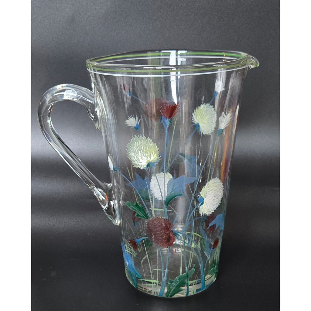 Vintage 1940s Glass Pitcher w/Hand Painted Clover, Floral Pitcher, Czech Glass, 8 cups