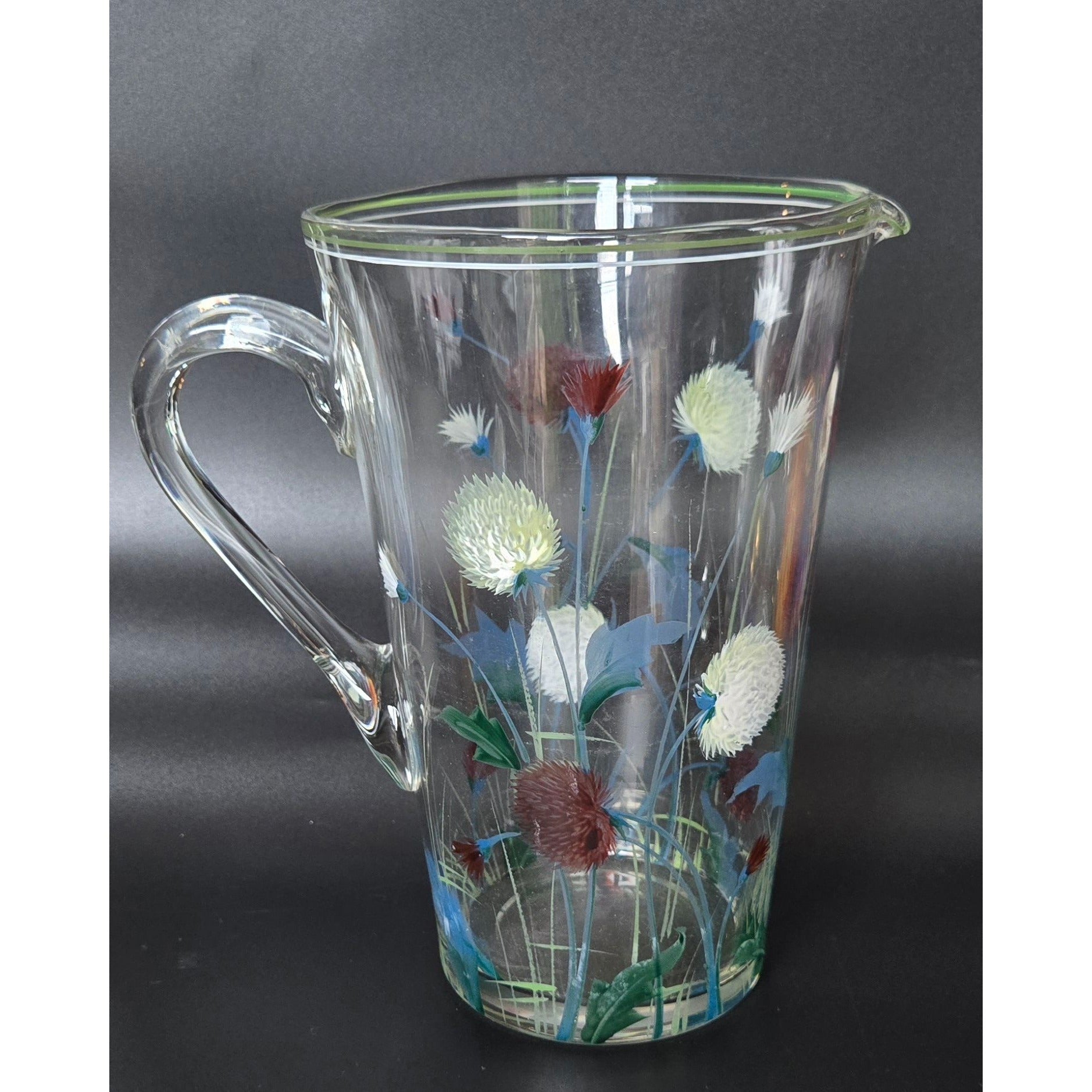 Vintage 1940s Glass Pitcher w/Hand Painted Clover, Floral Pitcher, Czech Glass, 8 cups