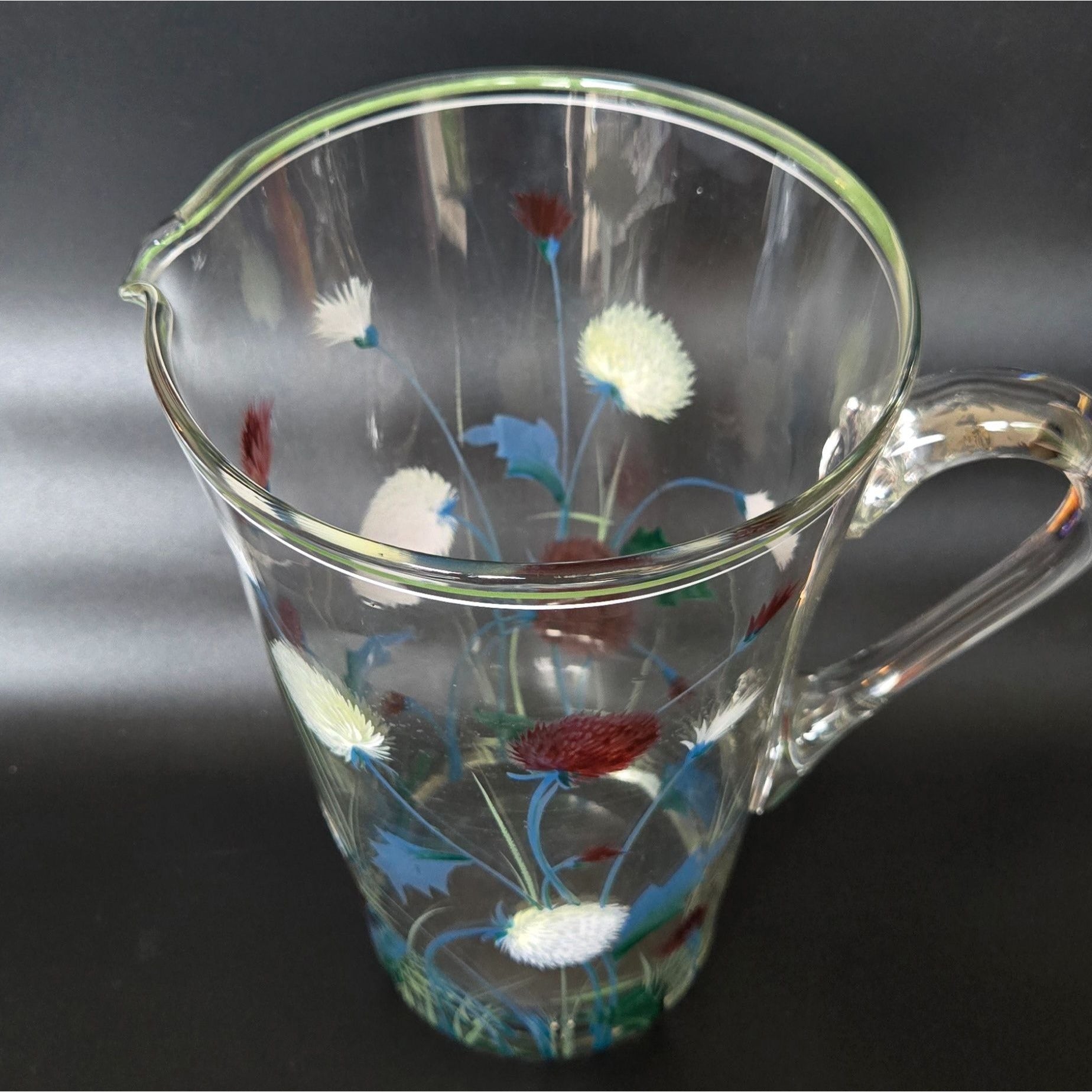 Vintage 1940s Glass Pitcher w/Hand Painted Clover, Floral Pitcher, Czech Glass, 8 cups